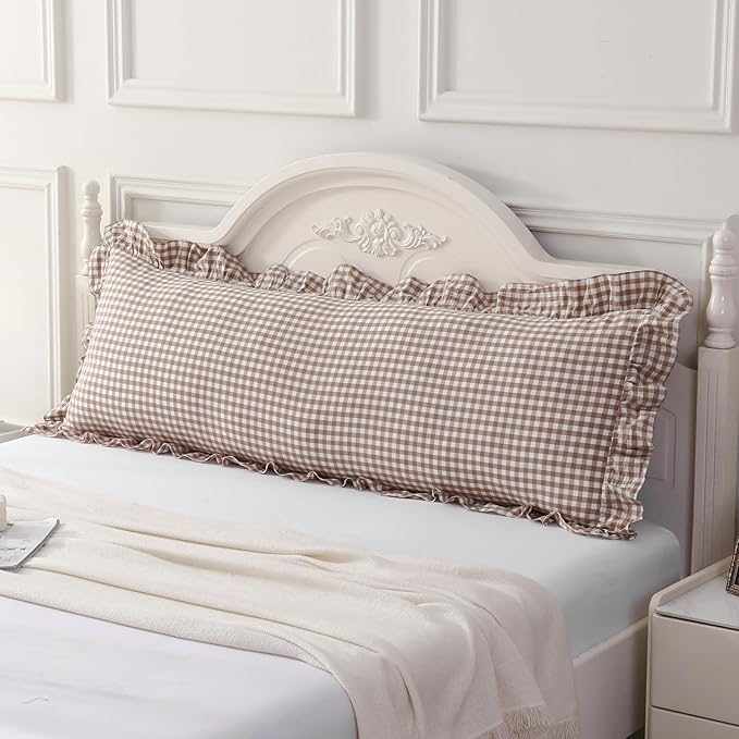 Taupe/White Plaid Ruffled Body Pillow Cover Washed Cotton Farmhouse Checkered Gingham 1 Piece Pillowcase for Living Room 20"x54"