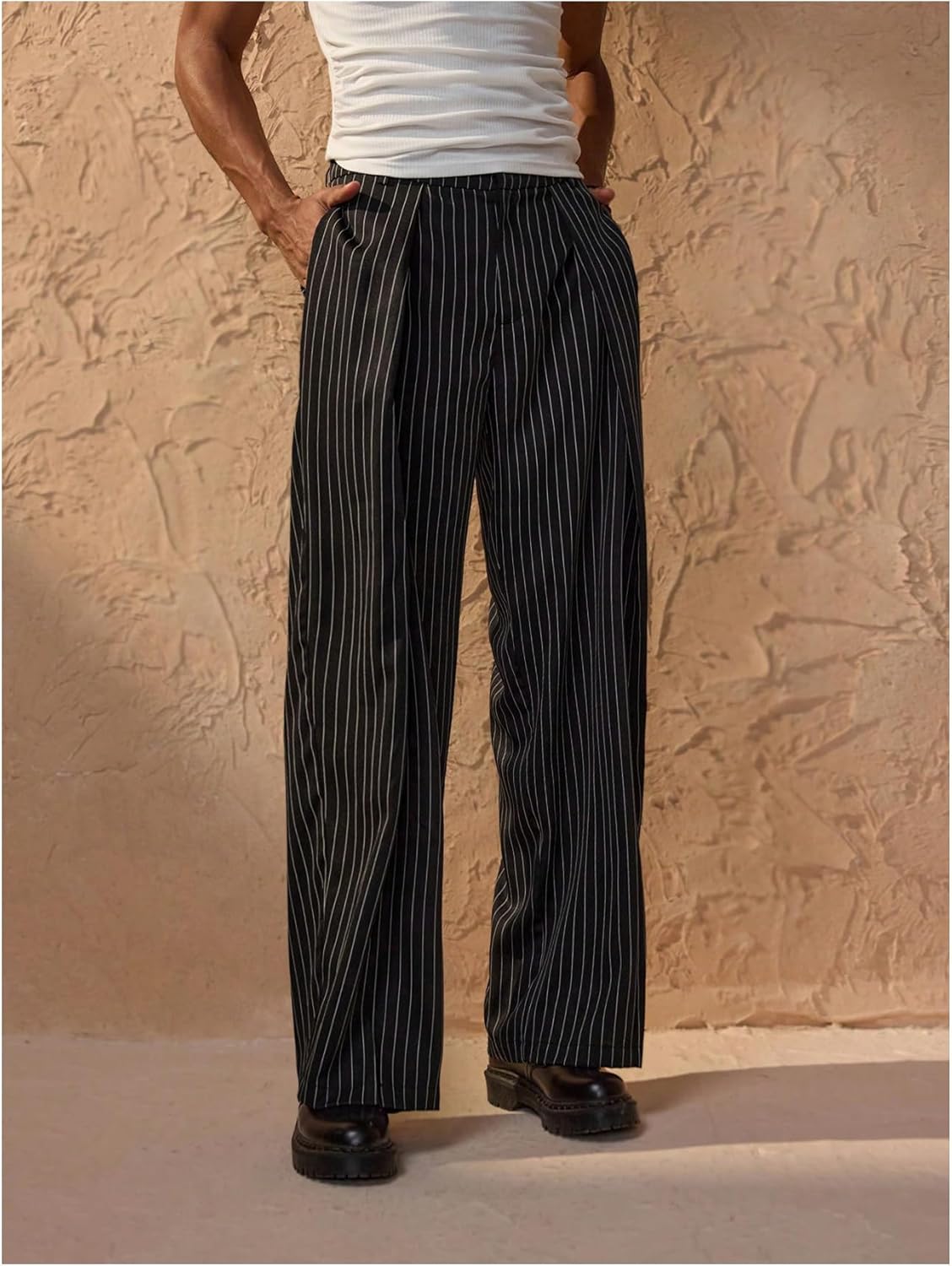 GORGLITTER Men's Pin Stripe Baggy Dress Pants Wide Leg Business Casual Work Pleated Slacks Trousers - Image 2