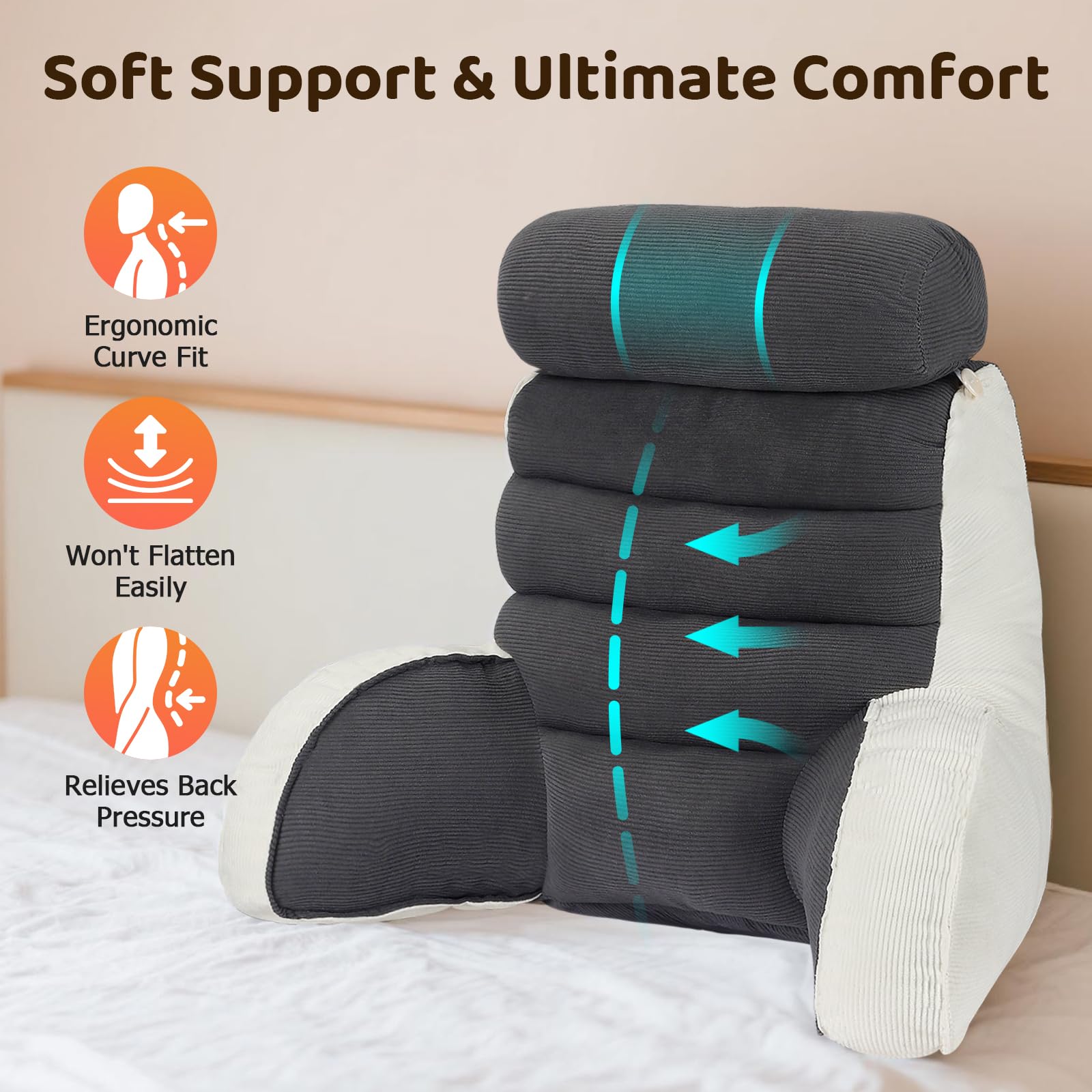 Coussin de lecture pour lit et canapé, 65 x 60 cm, coussin de dossier avec accoudoirs et traversin de nuque, os de lecture pour adultes, en velours côtelé, coussin d'assise pour lire