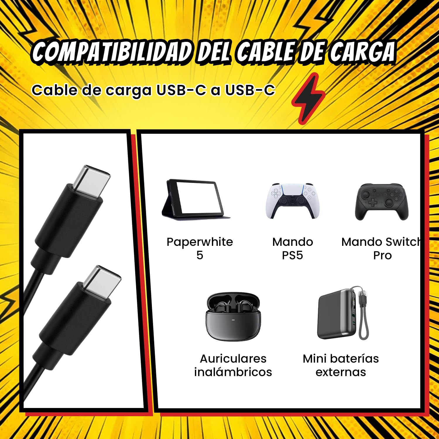 Mcbazel Cable de Carga Tipo C a Tipo C,Cargador de Repuesto USB-C 5V/1A para PS5/Switch Pro/Brook Pocket Auto Catch Carry, para Kindle Paperwhite 5/Auriculares Inalámbricos y Electrónica Pequeña
