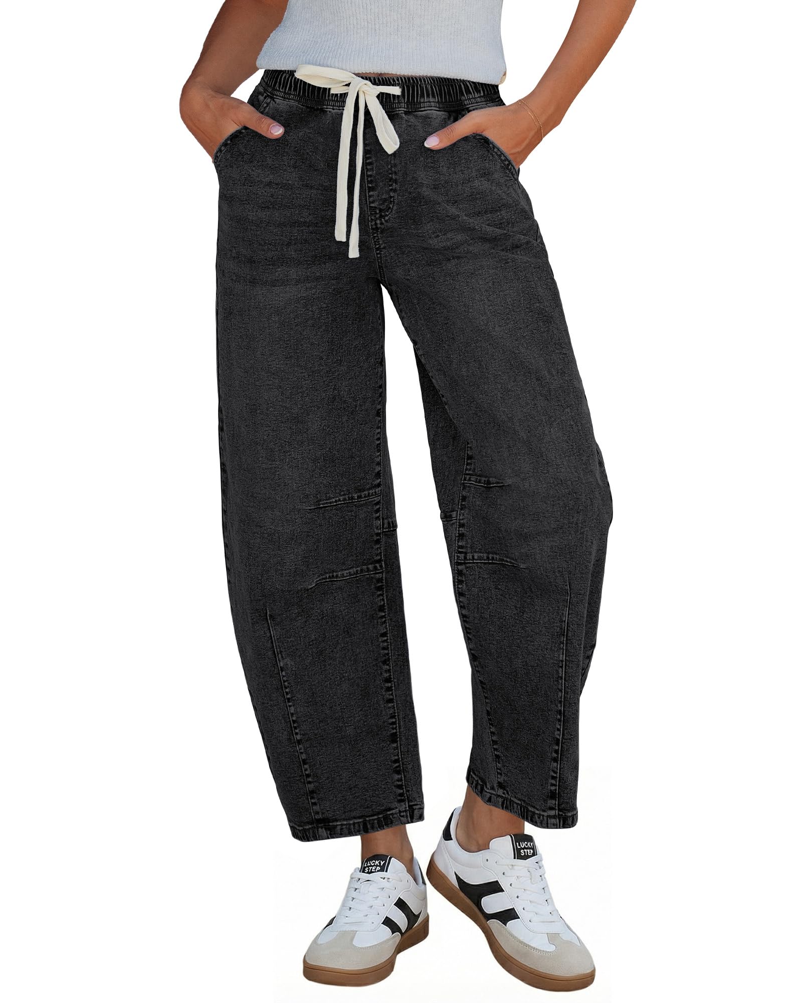 GRAPENT Barrel Jeans Women High Rise Pull On Elastic Waist Crop Denim Pants | Barrel Leg, High Waist with Drawstring, Seam Front, Relaxed Fit, 27'' Inseam, Cropped Jeans, Casual Friday's at Work Outfi
