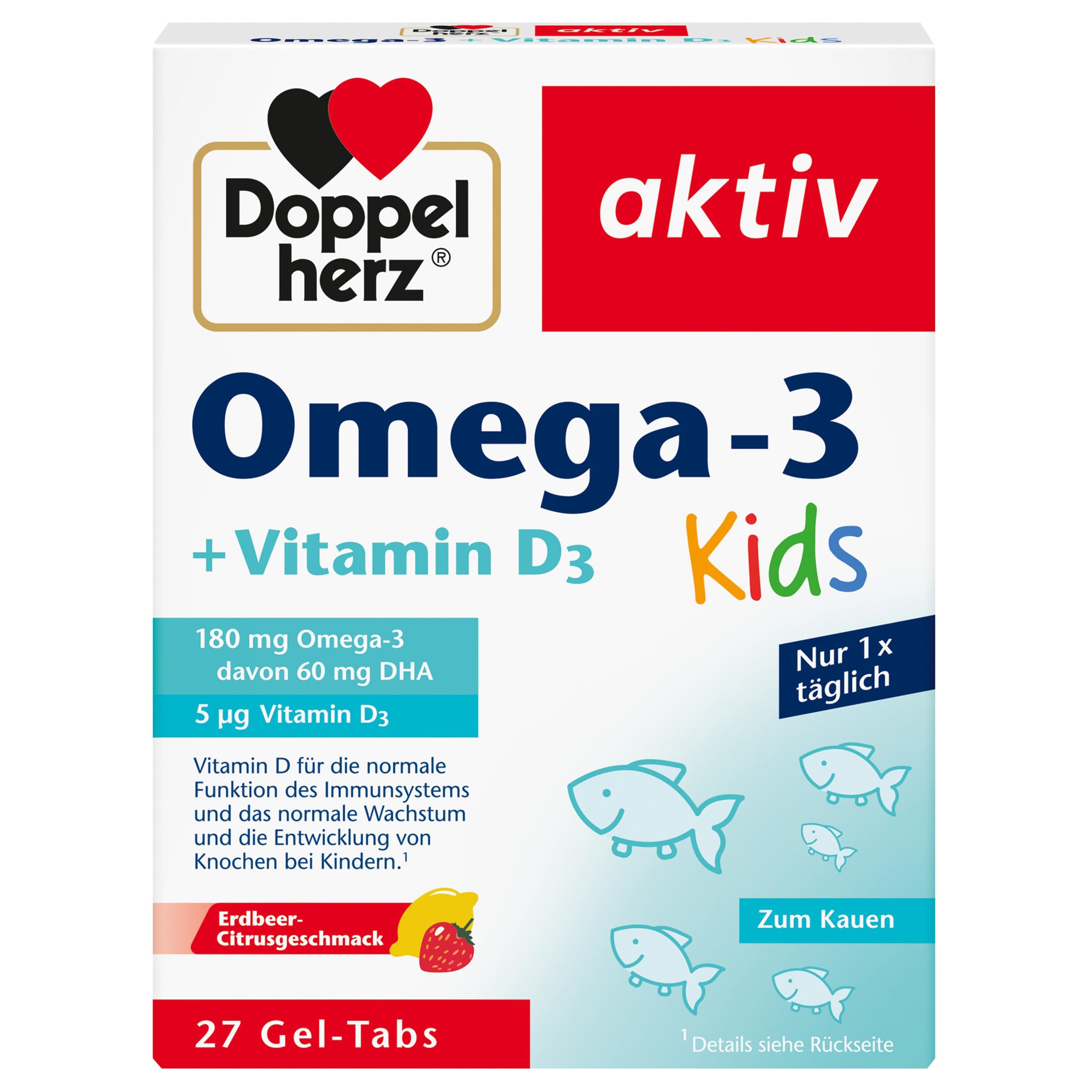 Doppelherz Omega-3 + D3 Kids - Vitamin D wird für ein gesundes Wachstum & eine gesunde Entwicklung der Knochen bei Kindern benötigt - 27 Gel-Tabs