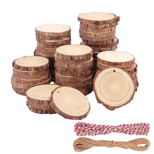 60 PCS 3.2-3.6inch Unfinished Wood Slices, Natural Wood Slices, Predrilled