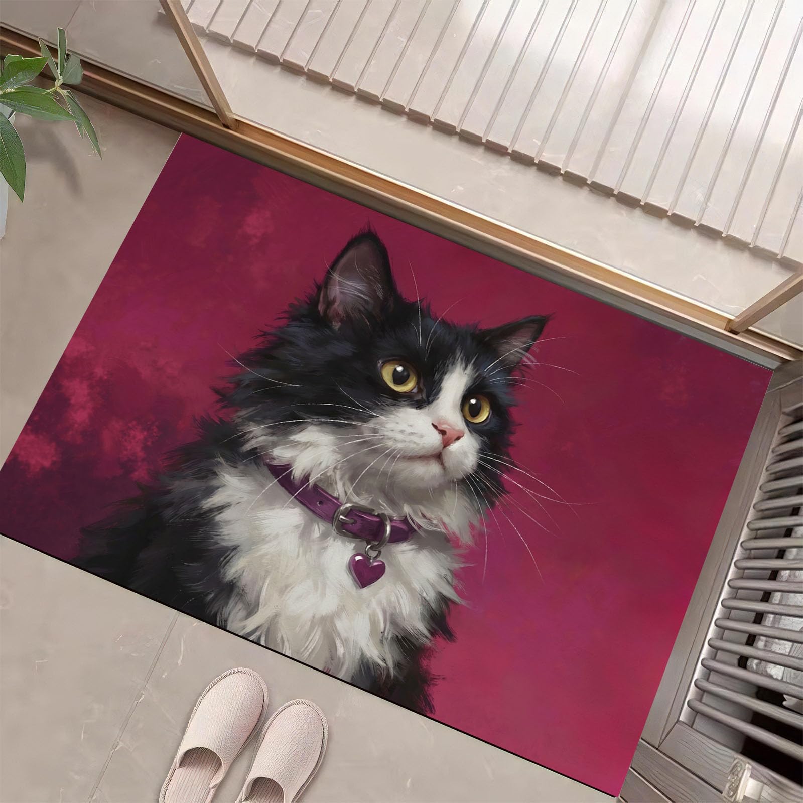Felpudo Entrada Casa 60x120cm, Alfombra Puerta Retrato De Gato | Tapete Perfil Bajo Gato Blanco Y Negro, Súper Absorbente, Antideslizante, Lavable en la Lavadora para Entradas, Interiores y Cocinas