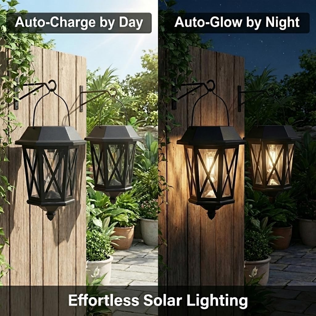 Condition photo showing New/Like New for solar lanterns outdoor waterproof, hanging solar lights with glass shade - 2 pack led metal wall mount outdoor light for yard/garden/patio - black