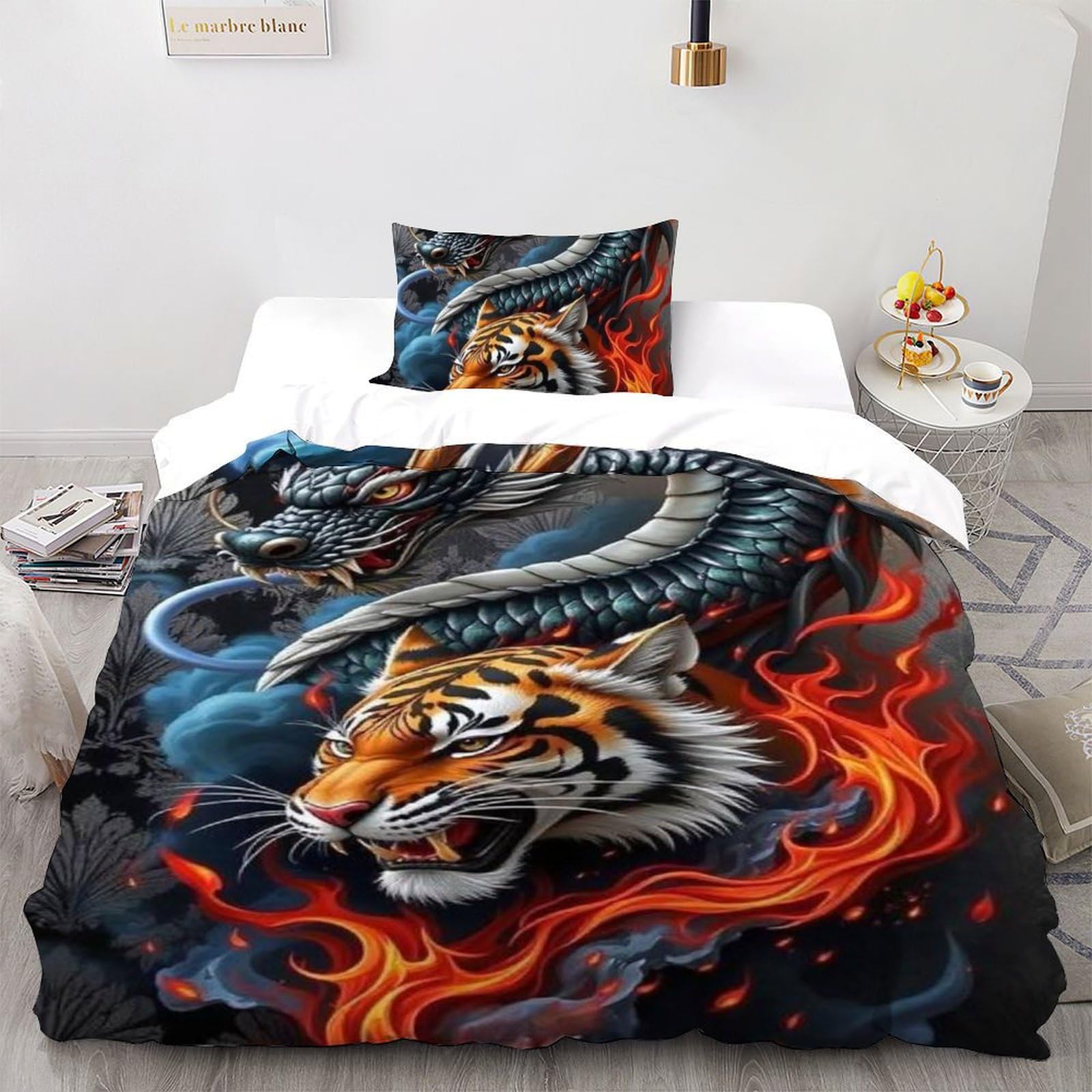 Housse de couette tigre 135x200cm anti-décoloration lit simple microfibre