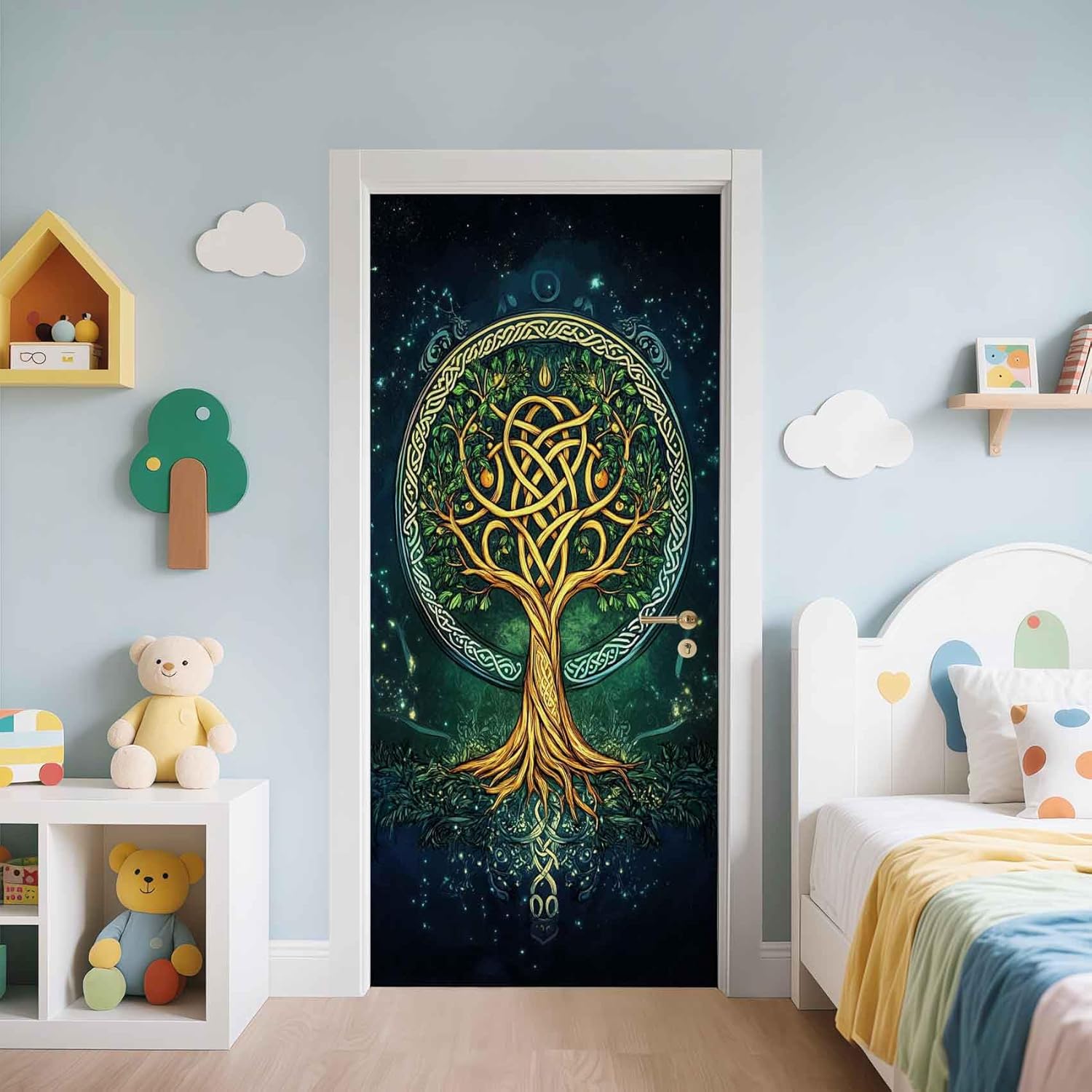 Celtic Tree of Life Door Sticker Norse Mythology Door Wallpaper Self-Adhesive 32"x80" Celtic Knot Murals 3D Peel and Stick PVC Removable Vinyl Decals for Bedroom Home Decor