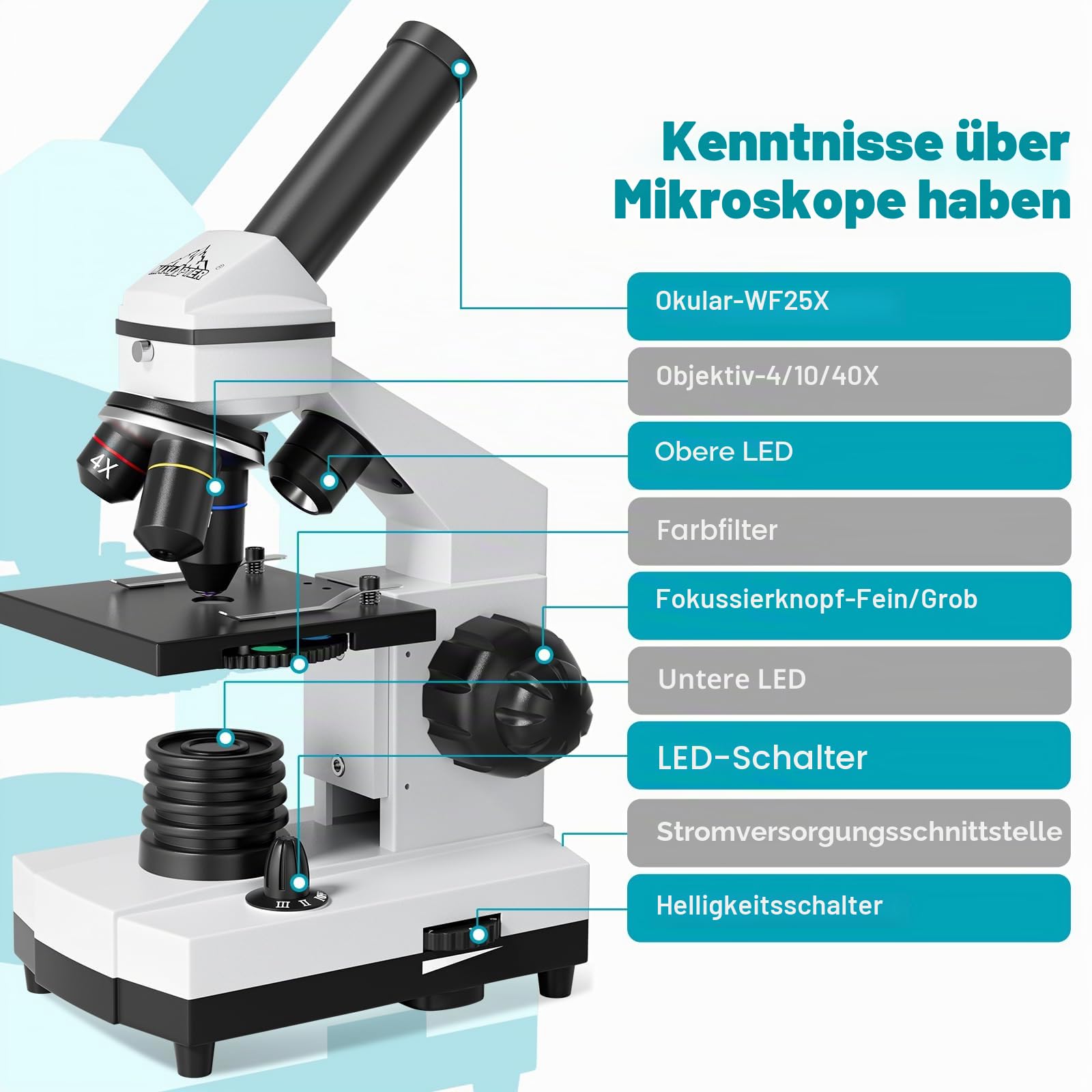 Mikroskop für Kinder Studenten, 200–2000x Vergrößerung, Stark, Biologisch, Bildungstechnisches Monokular Mikroskop mit Handyadapter, Fernauslöser, Tragetasche, Zubehör(10) und Objektträger(15)