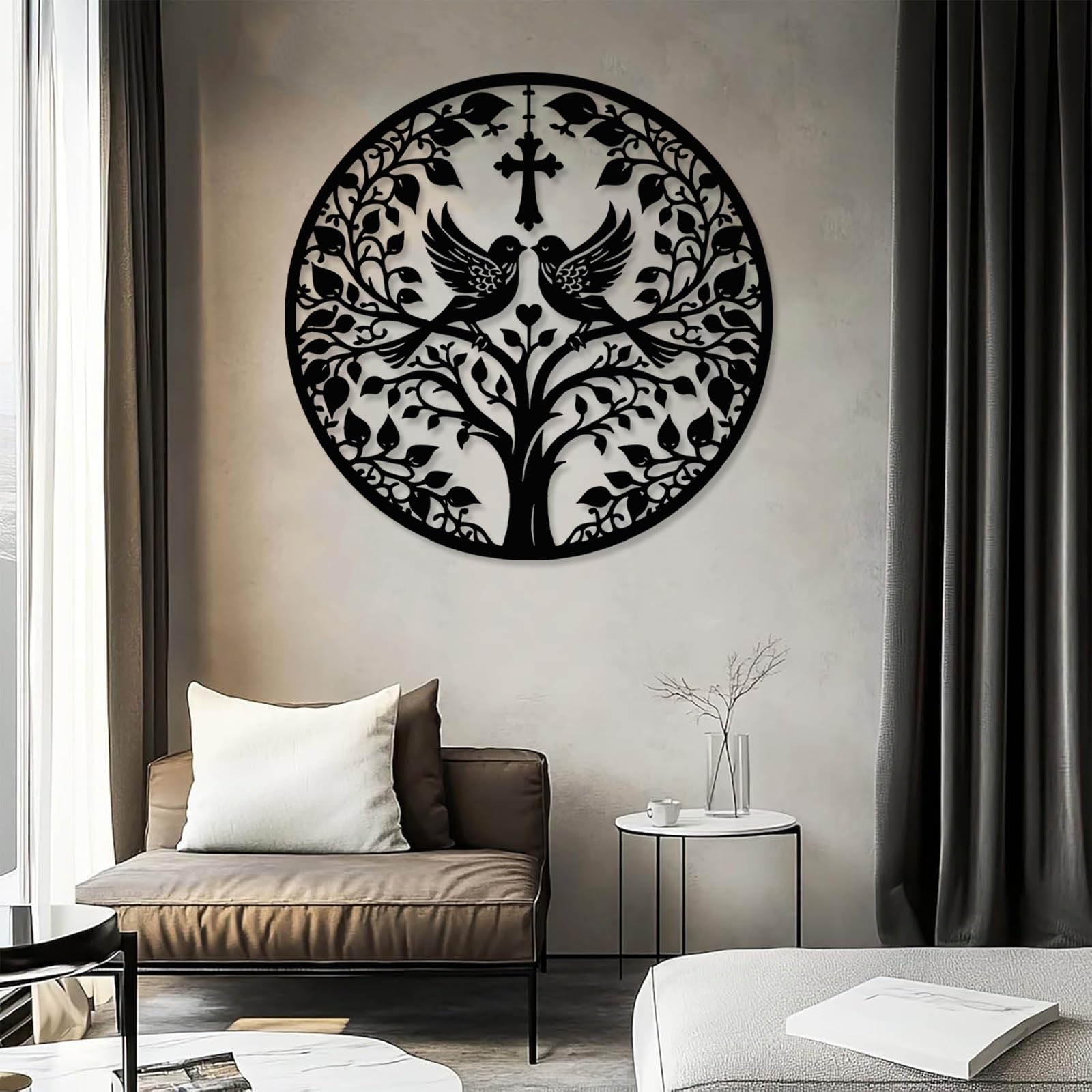 Nowoczesna minimalistyczna metalowa dekoracja ścienna drzewo życia, chrześcijański krzyż sztuka z ptakami, gałęzie Jezusa, wisiorek (srebrny, 60 x 60 cm)