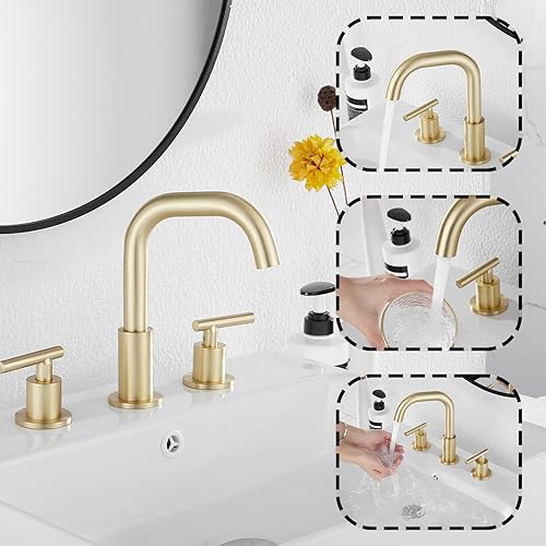 Miniatura 4 de GGStudy Caño giratorio de 360, 2 asas, 3 agujeros, 8 pulgadas, grifo de lavabo de baño de oro cepillado a juego con drenaje desplegable