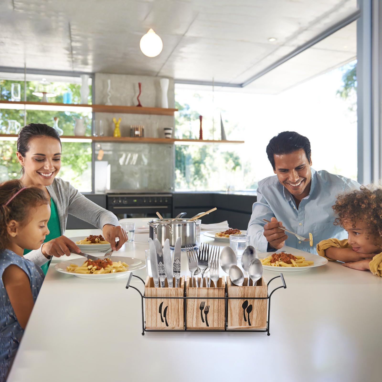 Soporte de utensilios de madera para fiestas, organizador grande de cubiertos de encimera con asa, 3 compartimentos desmontables, organizador de cocina con bandeja de metal para tenedor 7