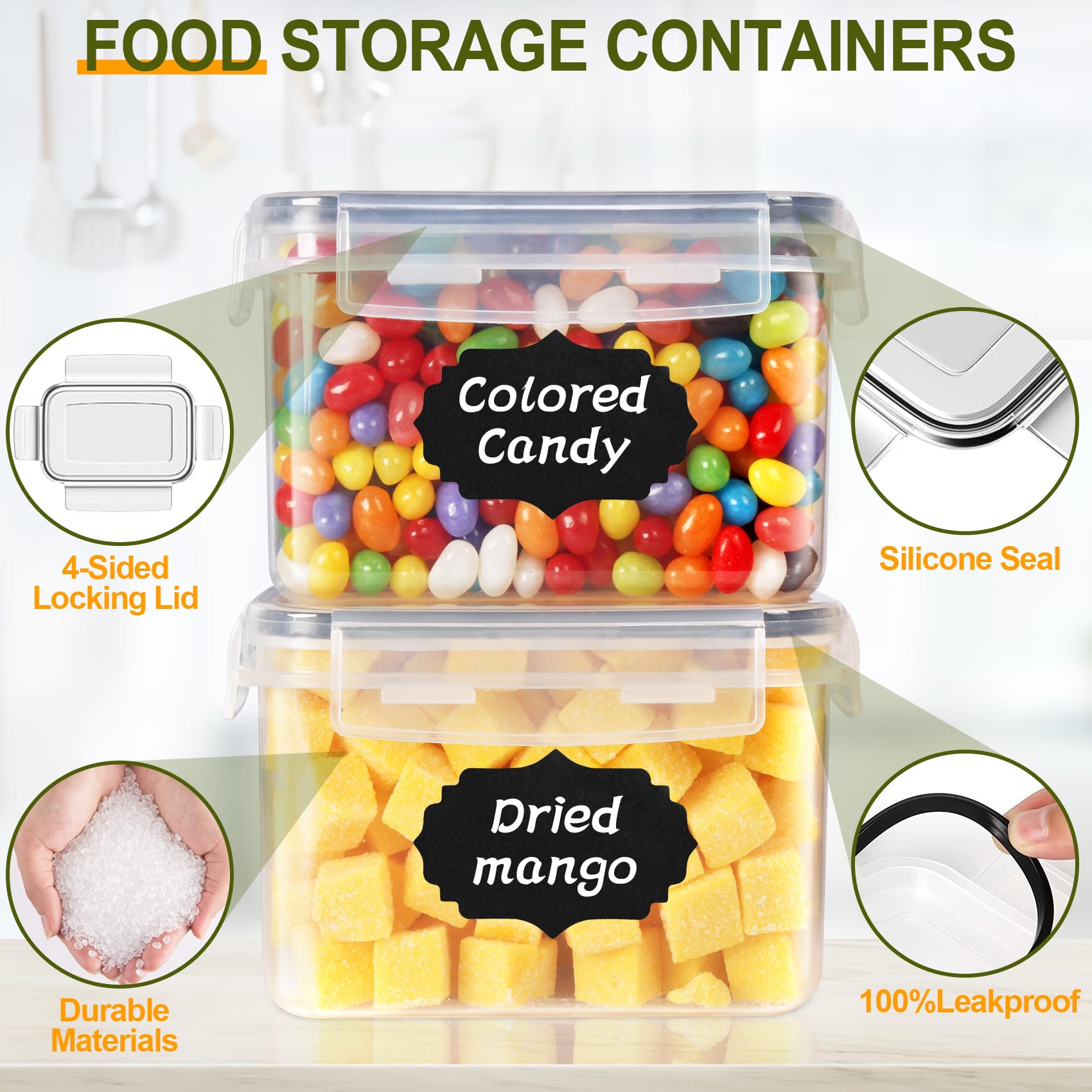 Set 20 Contenitori Ermetici Per Alimenti - Plastica BPA Free, 4 Misure (0.8L-2.8L), Con Etichette