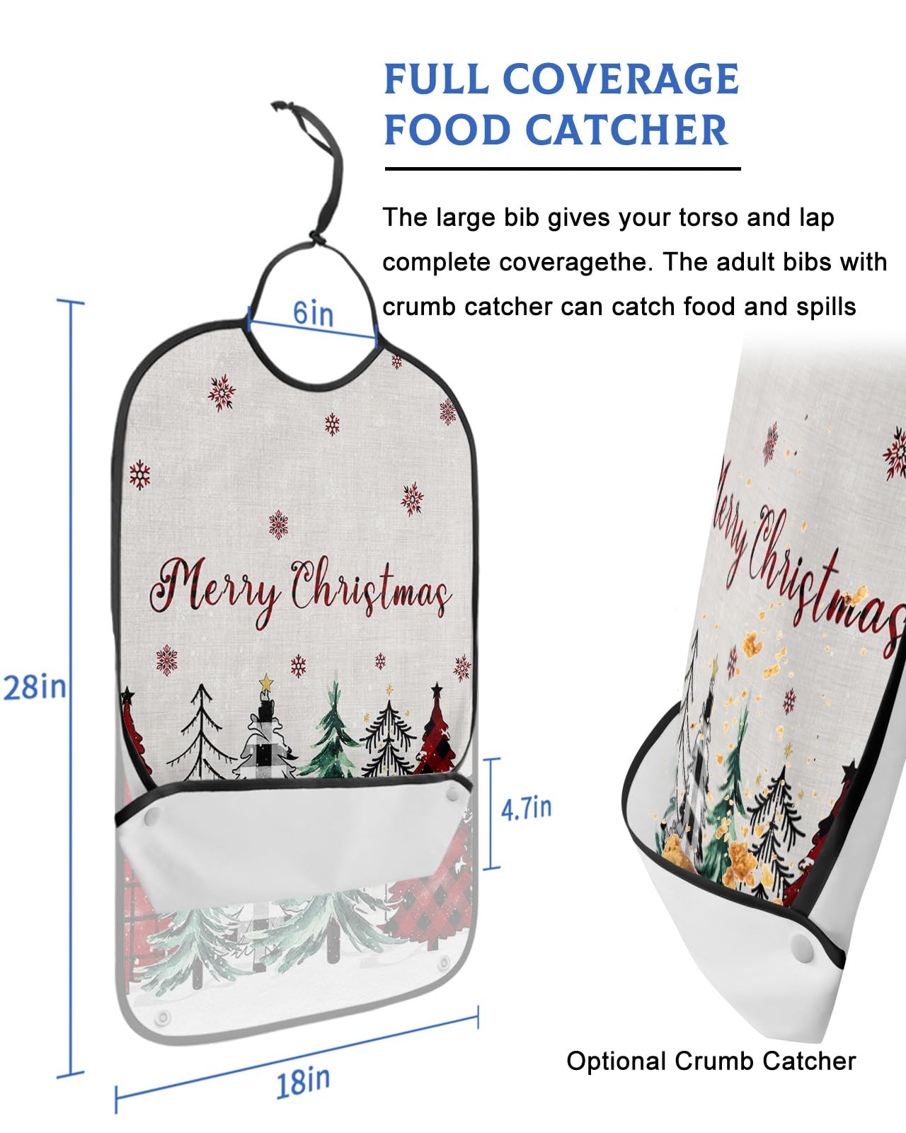 Christmas Tree Adult Bibs for Eating, Waterproof Bibs with Food Catcher & Adjustable Snap Closure, Green Red Black Xmas Tree Rustic Snowflake Clothing Protectors Adult Bibs for Elderly Women/Men