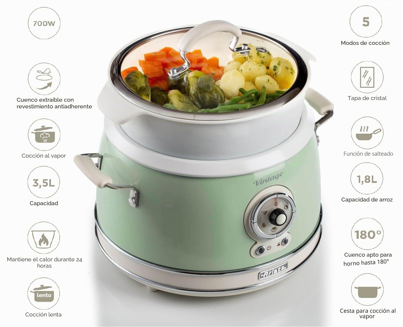 ARIETE 2904 Arrocera Rice Cooker & Slow Cooker, cocción a vapor, línea vintage, 3.5 L, revestimiento cerámico antiadherente, 650 W, verde