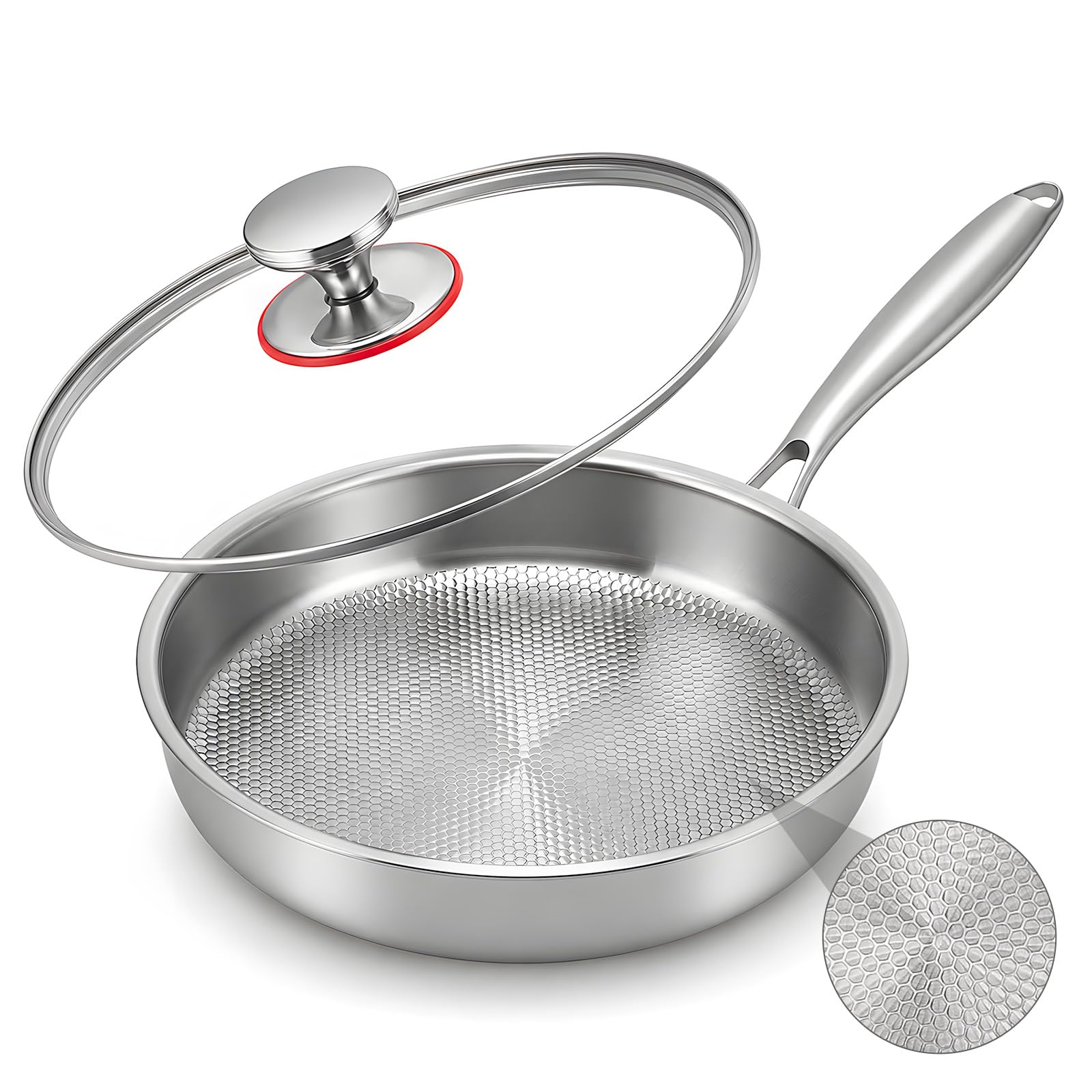Titan, padella con coperchio, in titanio senza rivestimento, padelle in titanio con motivo martellato per cucinare, antigraffio, antiaderente, padella in titanio Pro induzione, per cucina e campeggio