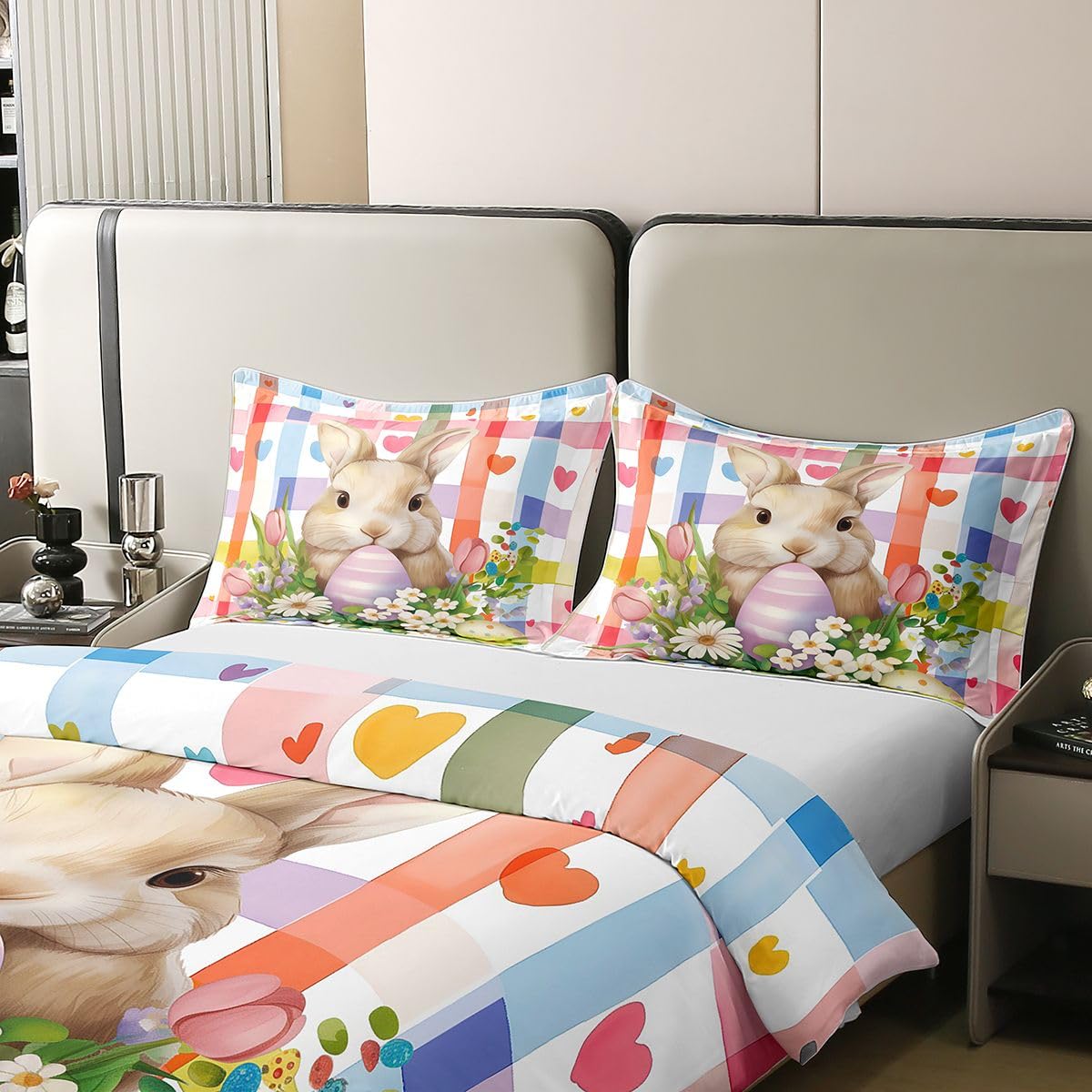 Homewish Kreskówkowe króliki dzieci król pościel szczęśliwe jajko wielkanocne kwiaty romantyczna bawełna poszewka na kołdrę zestaw geometryczne siatki piękny nadruk zwierzęcy poszewka na kołdrę dla