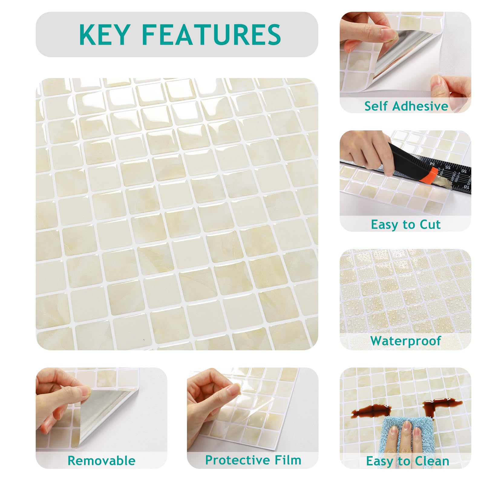 VEELIKE 12 fogli di piastrelle color crema beige con mosaico per paraschizzi e paraschizzi, per cucina e bagno, impermeabili, adatte per affittuari, paraschizzi, paraschizzi, per pareti della cucina,