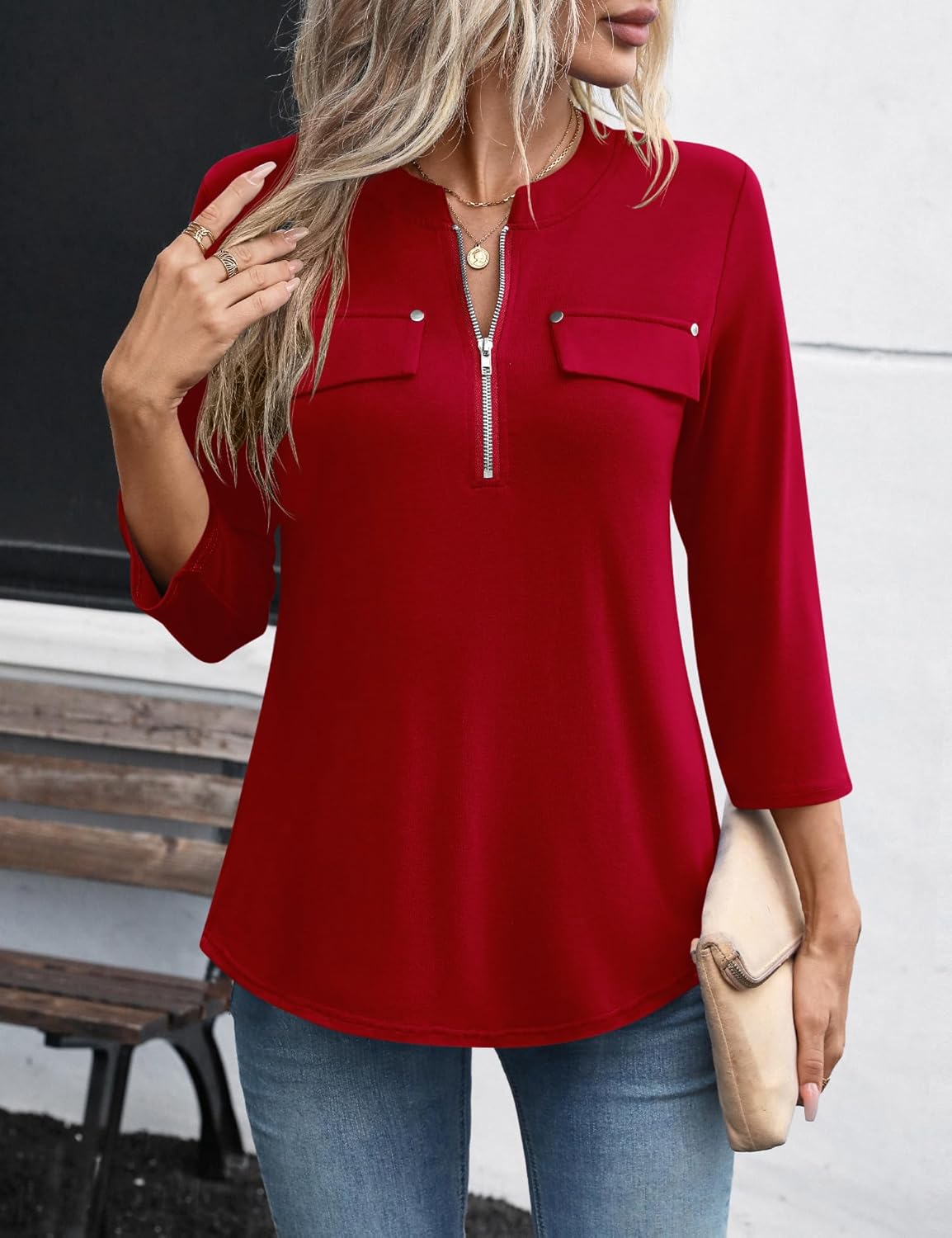 LOMON 3/4 Length Sleeve Womens Tops Business Casual Zip Front V Neck Shirt Loose Fit Work Tunic Blouse - Image 3