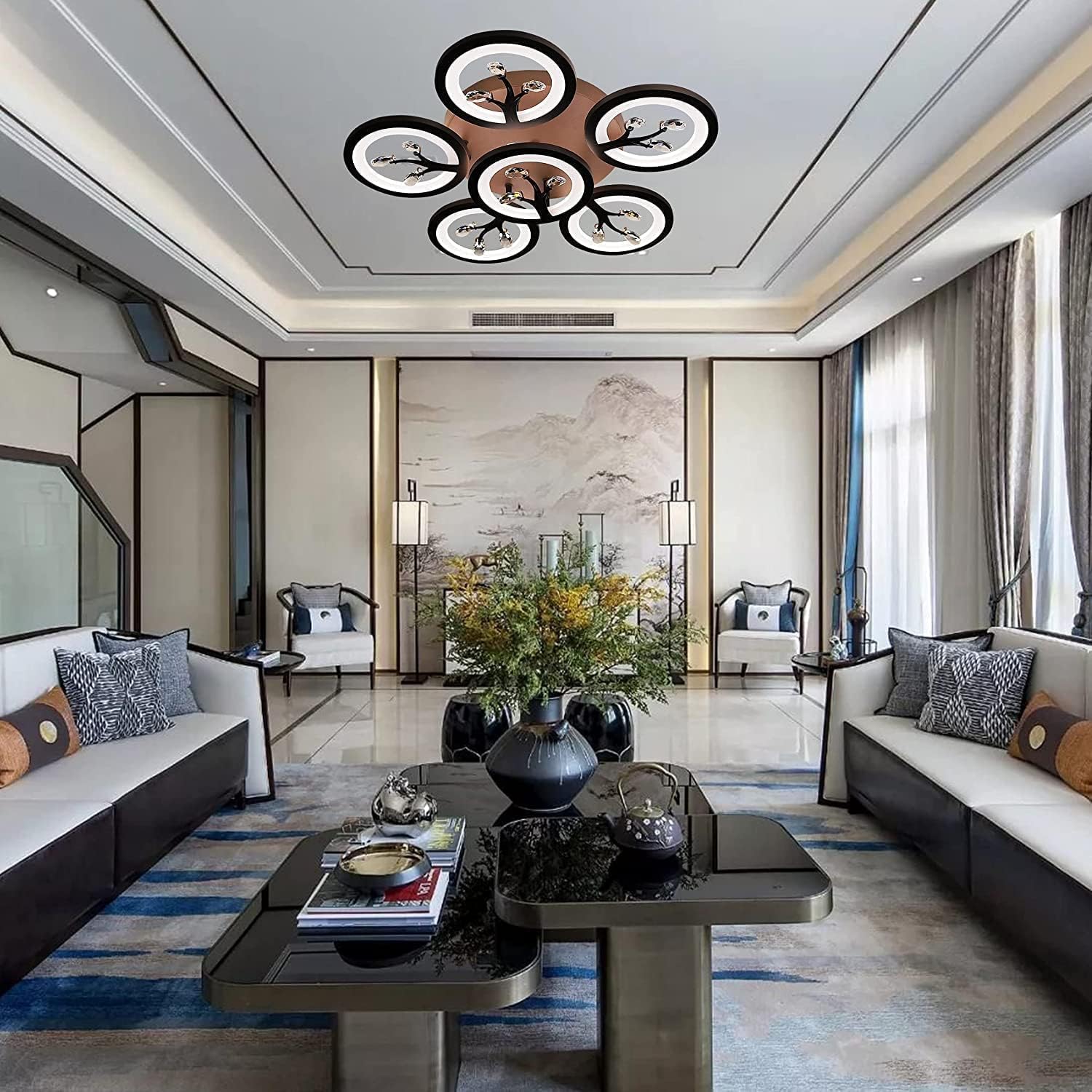 Modern LED Ceiling Light, Black and Brown, 6-Ring Design, Contemporary Flush Mount Fixture-image-21