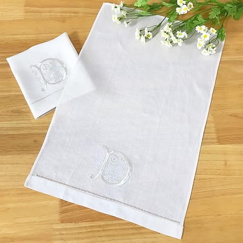 Miniatura 3 de Blanco 26 letras artísticas variadas de lino, 6 piezas iniciales con monograma bordado para hombre y mujer, toalla de pañuelo para recuerdo,