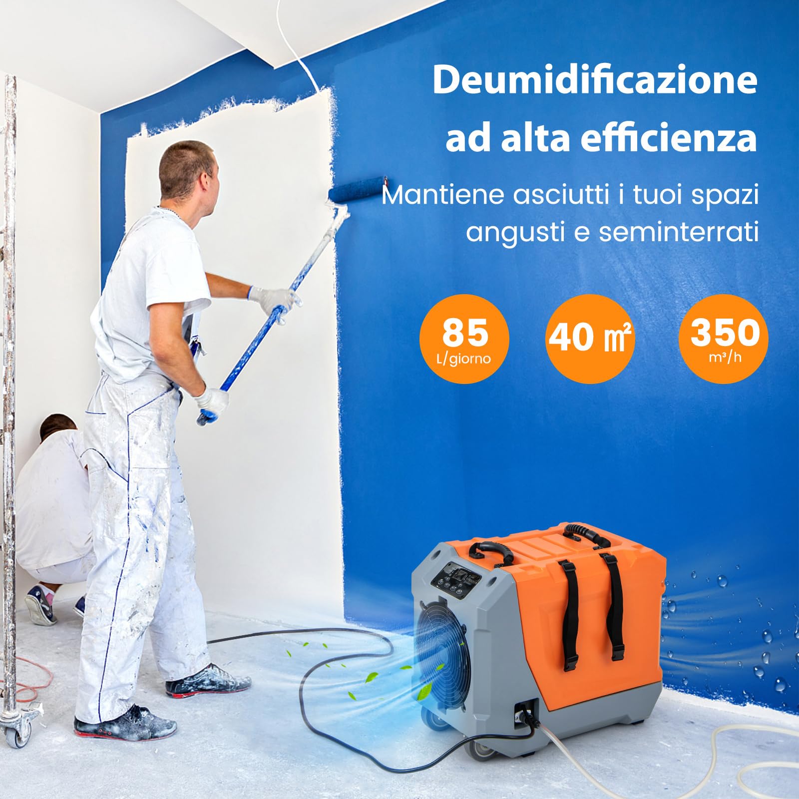 COSTWAY Deumidificatore Commerciale 85 L/Giorno, Deumidificatore con Pompa e Tubo di Scarico, Sbrinamento Automatico, 2 Ruote e Maniglia Pieghevole, Timer 24H, per Cantina Magazzino (Arancione)