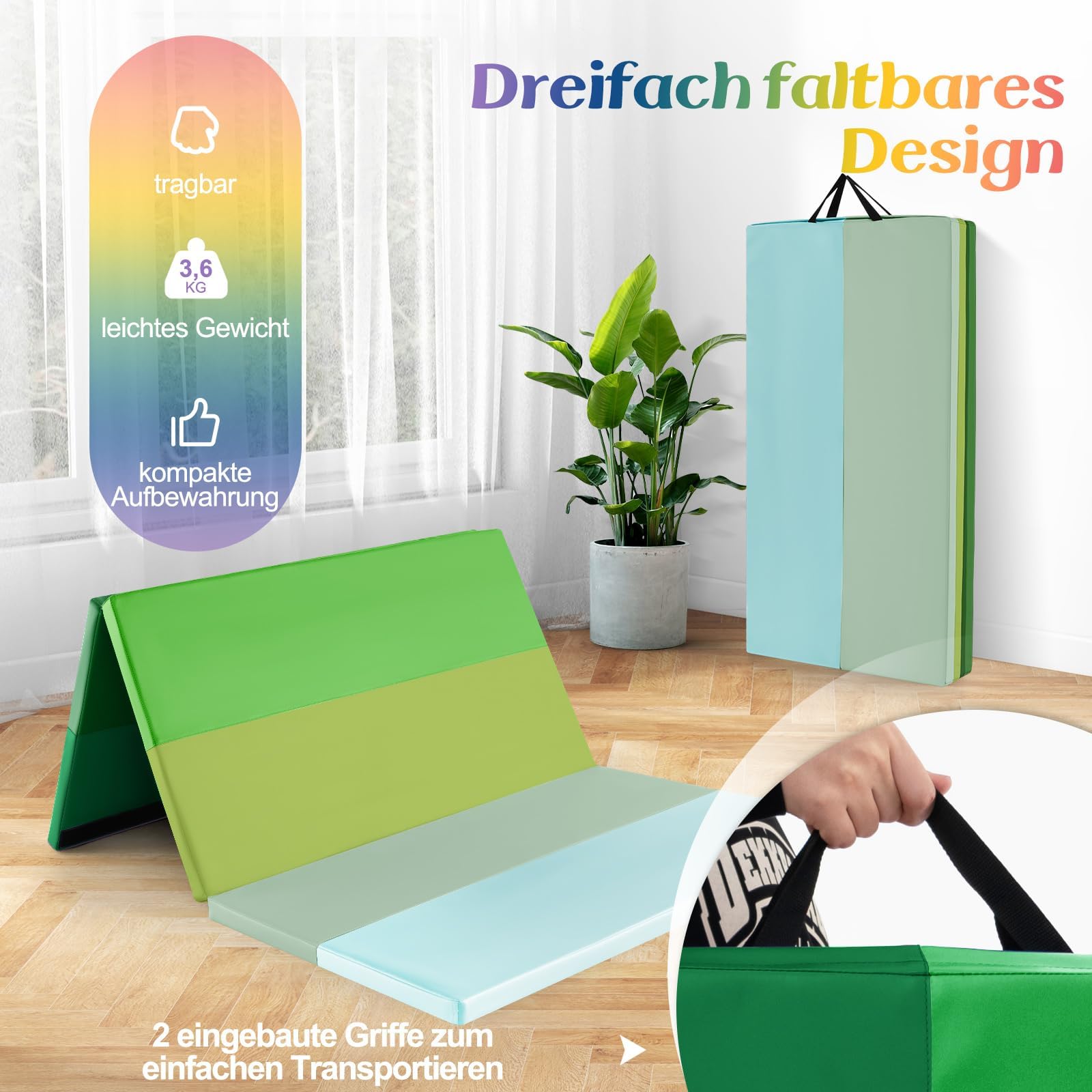 FANTASK Esterilla plegable para el hogar, 180 x 120 cm, 5 pliegues, de poliuretano, con asa, para niños, adultos