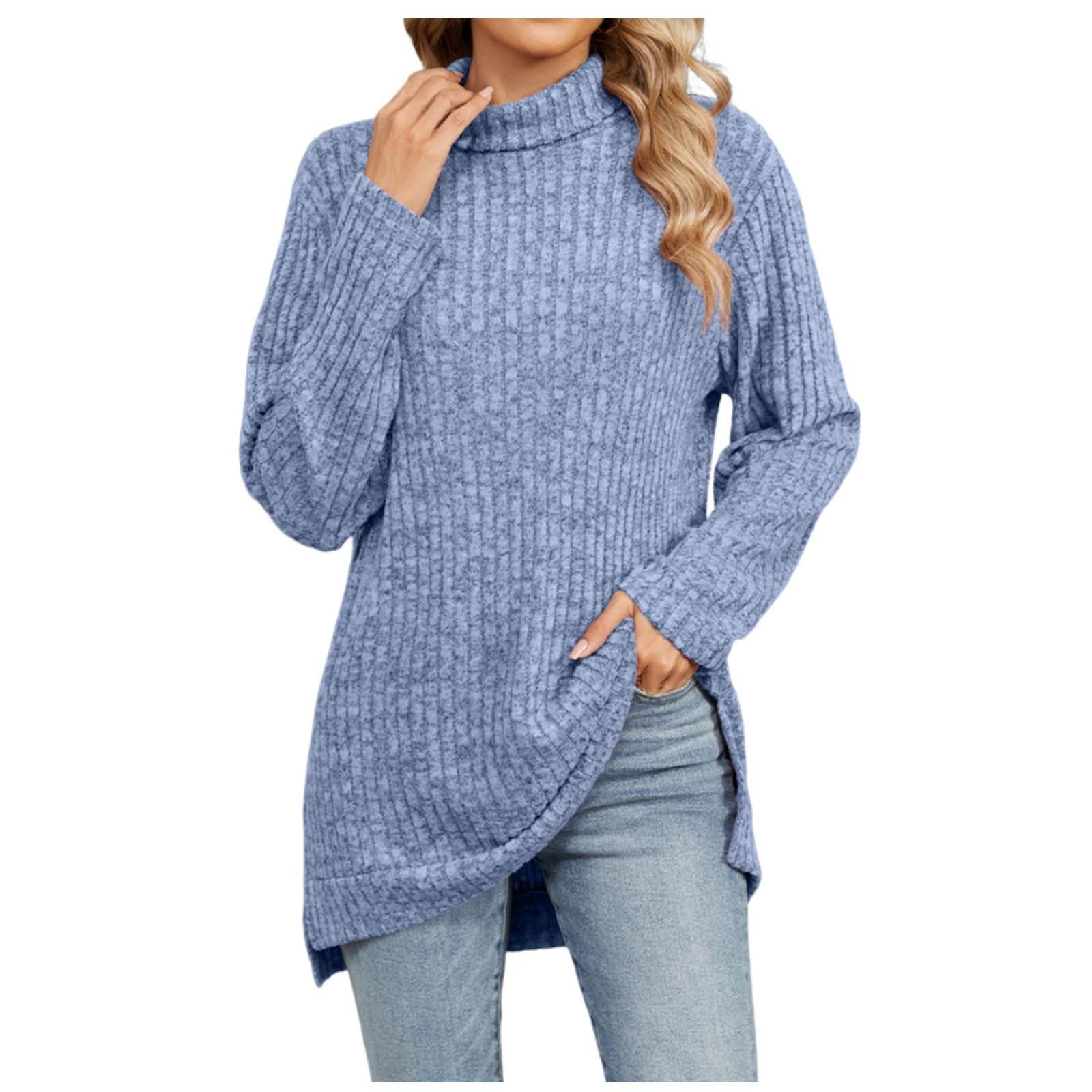 Pullover Sweater for Women UK,Longline Sweaters Womens Plain Ladies Casual Turtle Neck Jumper Long Sleeve Tops Blouse Soft Ribbed Knitted Jumpers Loose Fit Tunic Sweatshirt Knitwear Light Blue