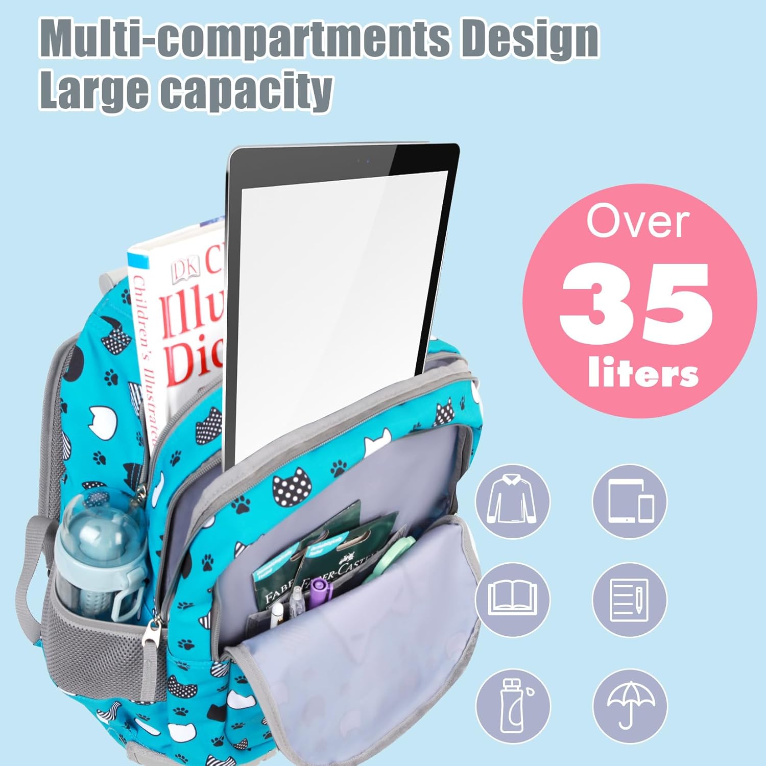 Tilami Rolling Backpack for Kids 18 Inch Wheeled Bookbag for Boys & Girls for School & Travel,Cats