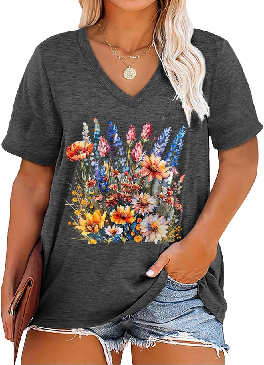 Plus Size Tops for Women Vintage Wildflower V Neck T Shirt Boho Cute Floral Graphic Tees Short Sleeve Summer Tops