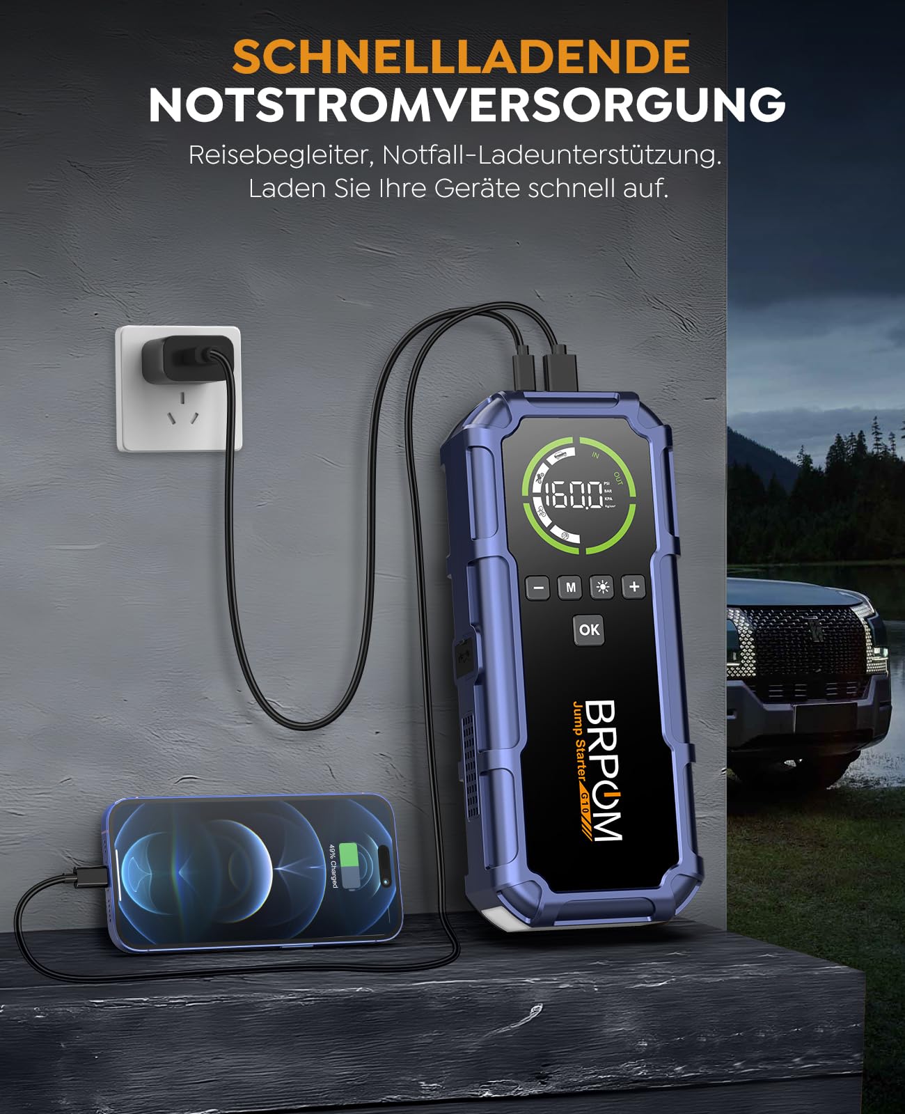 BRPOM Starthilfe Powerbank für Pkw mit Kompressor 160PSI,8000A Auto Starthilfe Powerbank für All Benzin und 12.0L Dieselmotor,Starter Powerbank Eingang/Ausgang und 600LUM LED-Licht Lila
