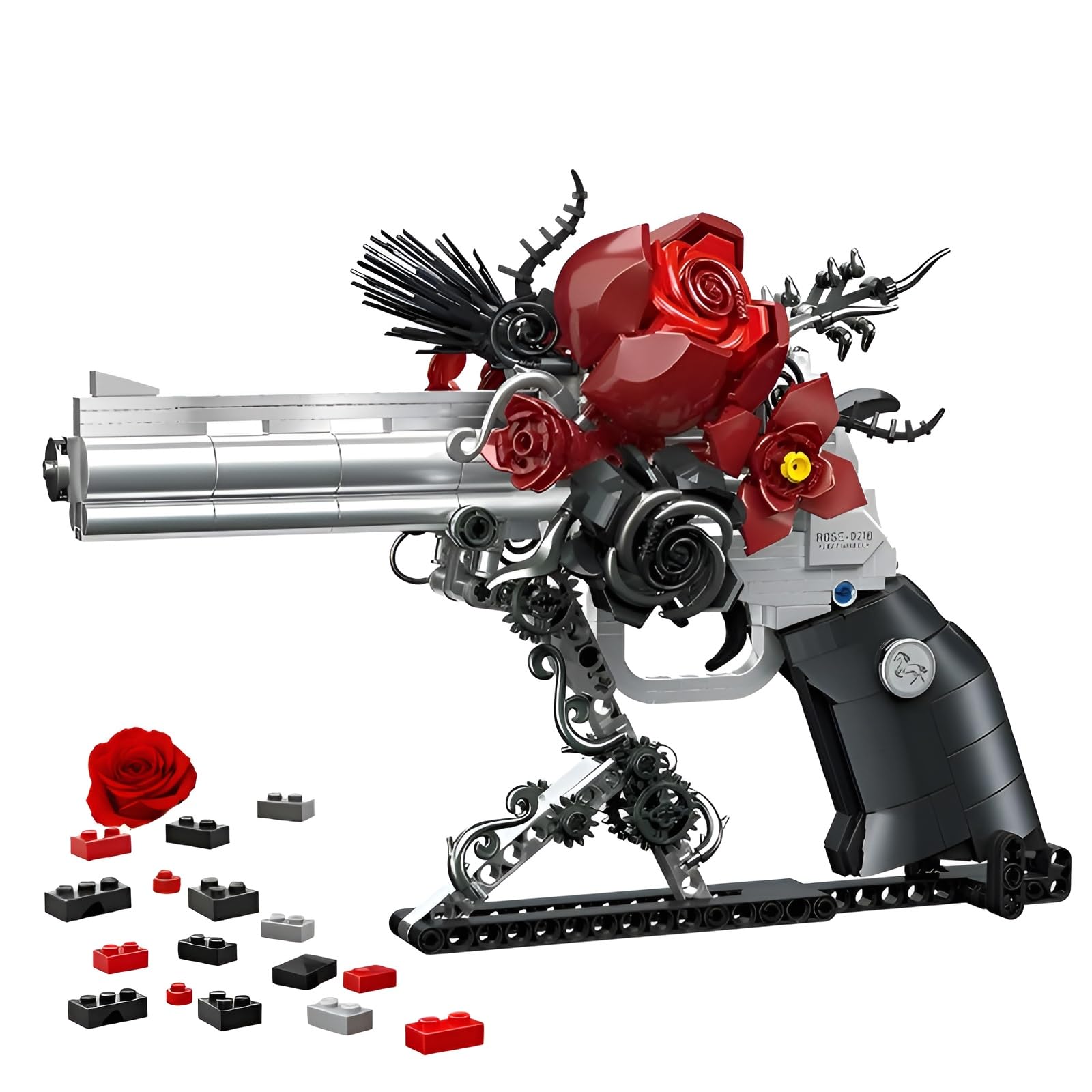 Revolver Building Blocks Set including Roses, 631 PCS Creative Mechanical Gun Building Bricks Kit