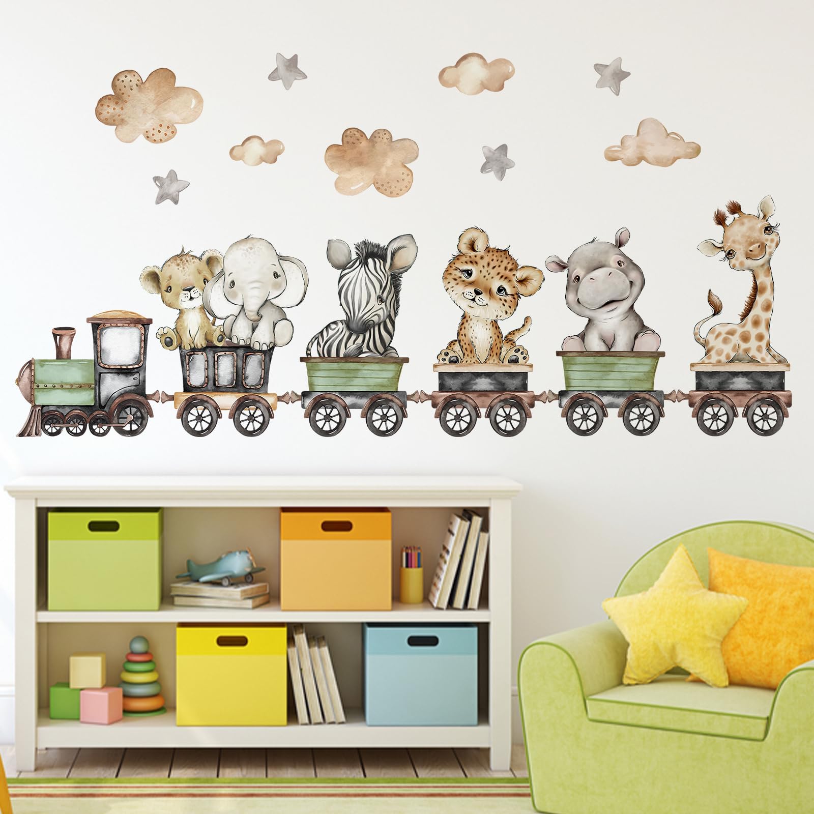 Yovkky Baby Safari Animals Train Wall Decals Stickers, African Jungle Elephant Zebra Giraffe Hippo Lion Leopard Cheetah Neutral Nursery Toddler Decor, Kids Room Home Decorations Bedroom Playroom Art
