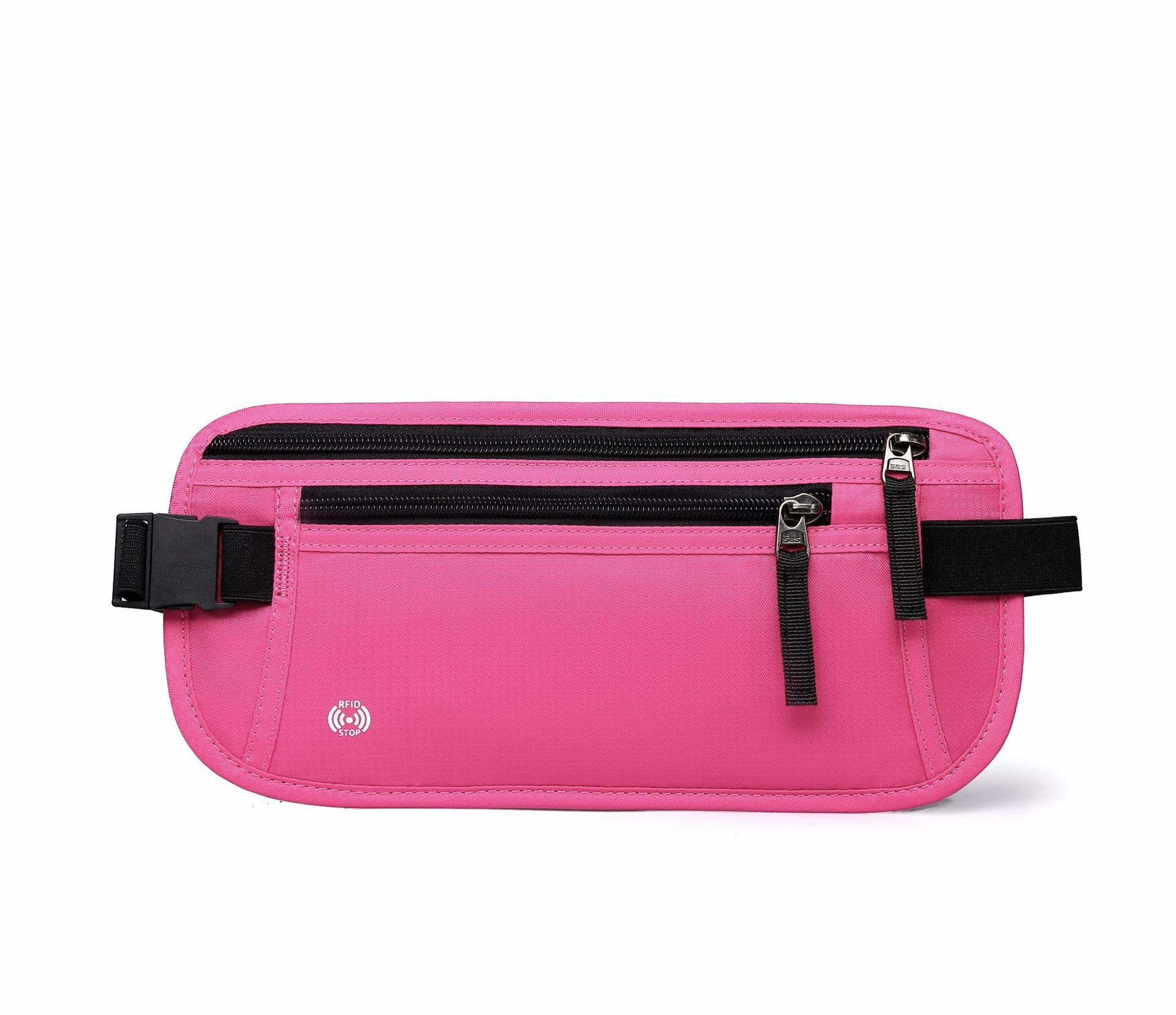 ROUGH FIT Bumbag Waist Bag, RFID-Blocking, Slim Waist Pack with Multiple Zipped Pockets, Unisex Lightweight Casual Waist Bag, Adjustable Belt for Outdoor Workout, Hiking Women and Men (Pink)