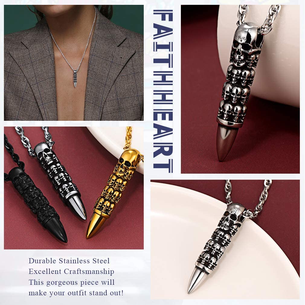 FaithHeart Collier Tete de Mort Homme Pendentif Crane Bijoux Tête de Crâne Gothique Acier Inoxydable avec Chaîne Réglable 55+5cm