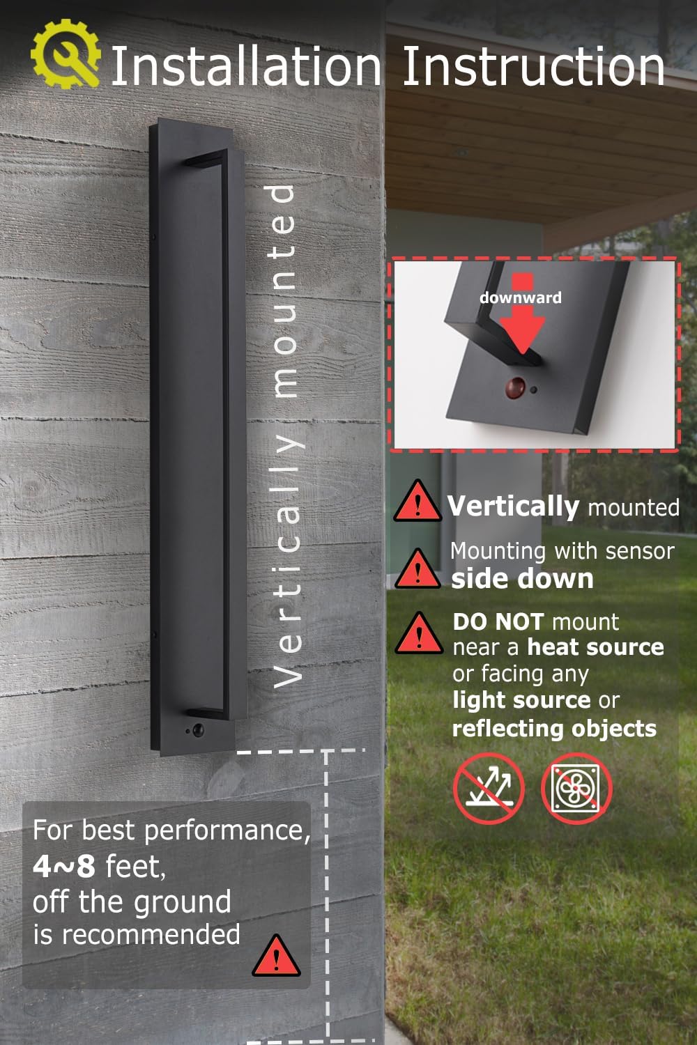 31.5 inch Motion Sensor Long Outdoor Wall Sconce, Black Linear Led Exterior Wall Lights, Front Porch Light Fixture Wall Mount for House, Yard