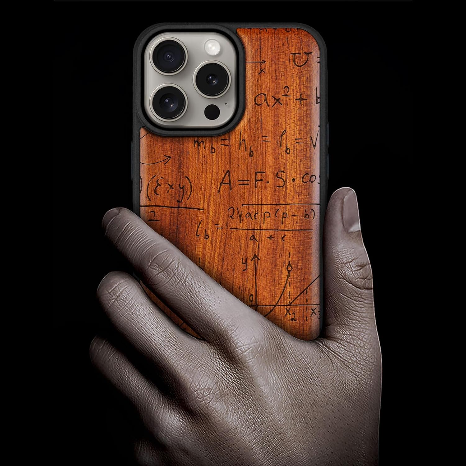 Carveit Magnetic Wooden Case for iPhone 15 Pro Max Case, Compatible with MagSafe Wireless Chargers, Black Soft TPU Shockproof Cover & Wood Artisan Engraved (The Language of Universe) - Rosy