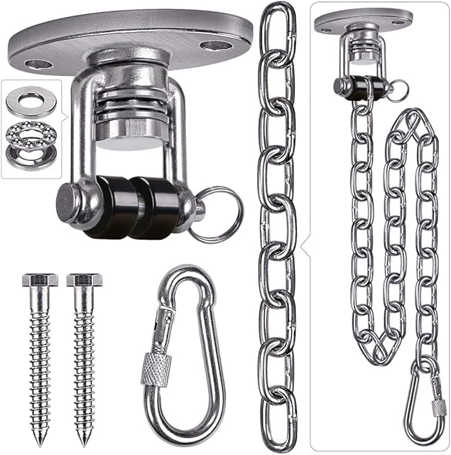 SELEWARE Permanent Antirust Stainless Steel 304 Heavy Duty Silent Bearing Swing Hangers with Chain and Carabiner, 360° Rotate, 2 Screw for Wooden Hammock Chair Porch Swing Sets
