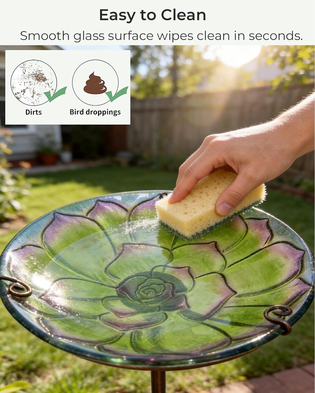 10.5" D Glass Bird Bath with Stake – Shallow Bird Bath for Outside Garden Backyard – Decorative Birdbath & Feeder for Patio Lawn – Hand-Painted Glass Water Dish, Green