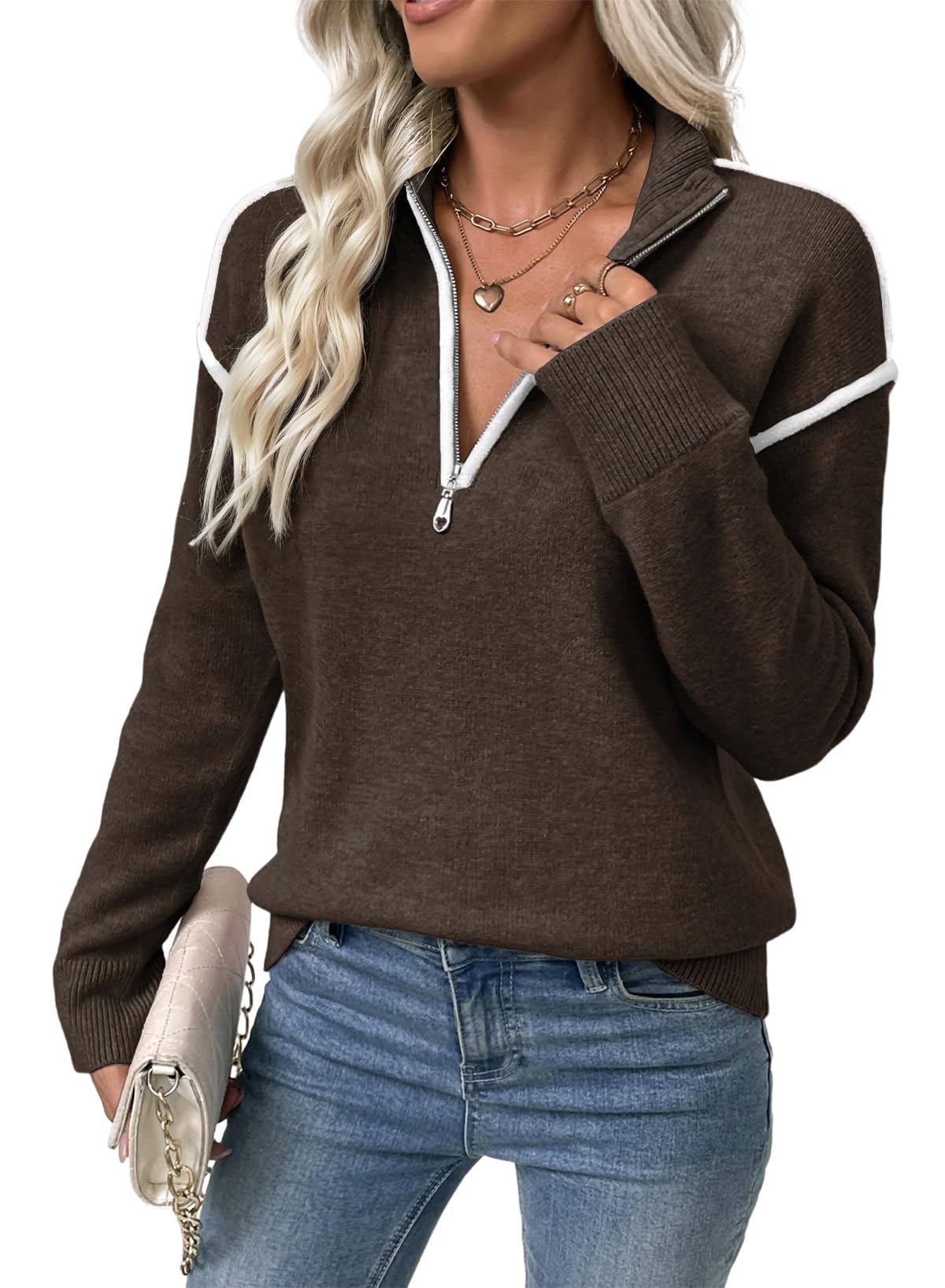 Womens Sweaters V Neck Long Sleeve Quarter Zip Collared Ribbed Knit Dressy Casual Pullover Sweaters Outfits-image-41