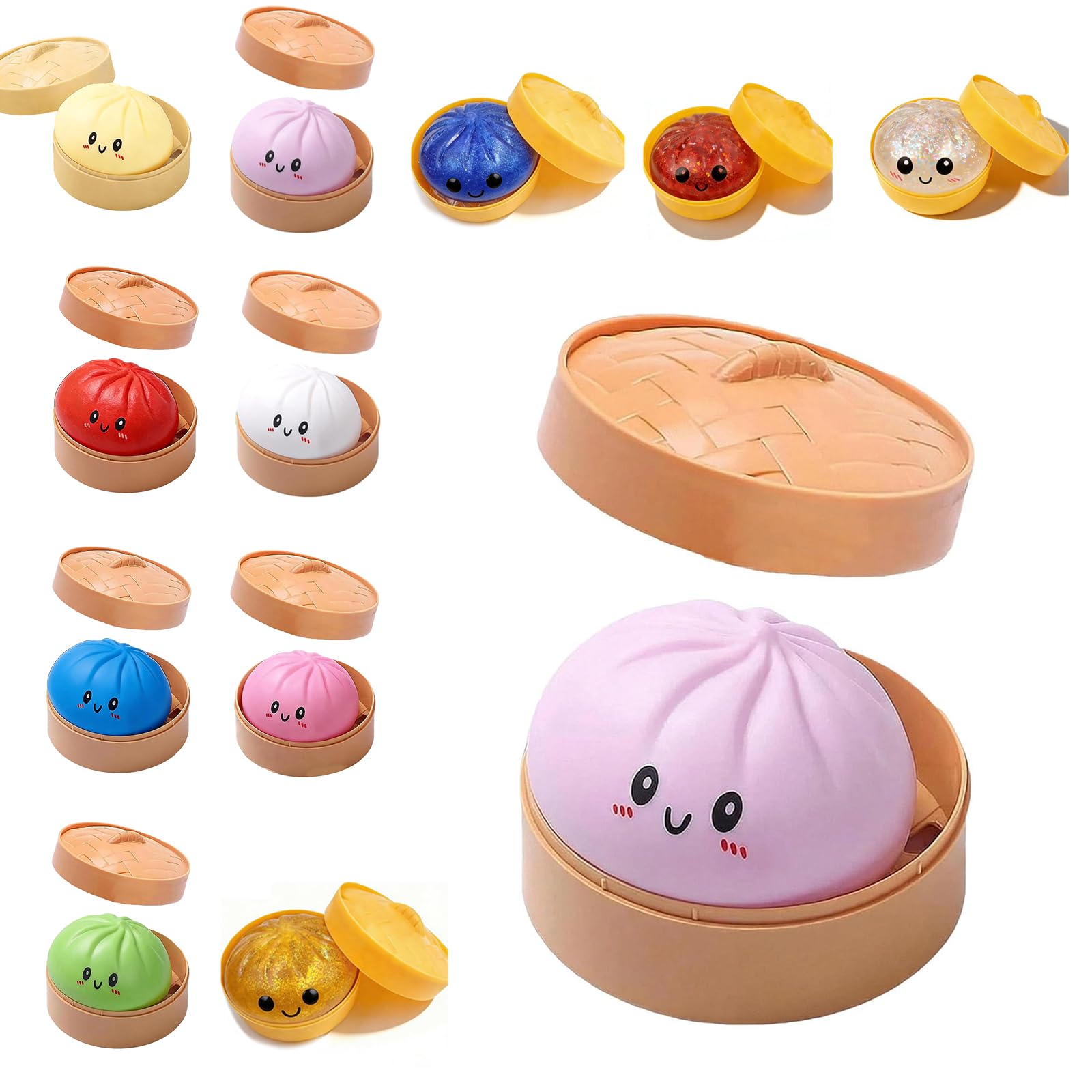 Dumpling Squishies, Glitter Dumpling Mystery Box, Colorful Dumplings Stress Balls Fidget Sensory Toy, Easter Basket Stuffers, Stocking Stuffers with Food Steamer Stretchy Desk Toys (Purple)