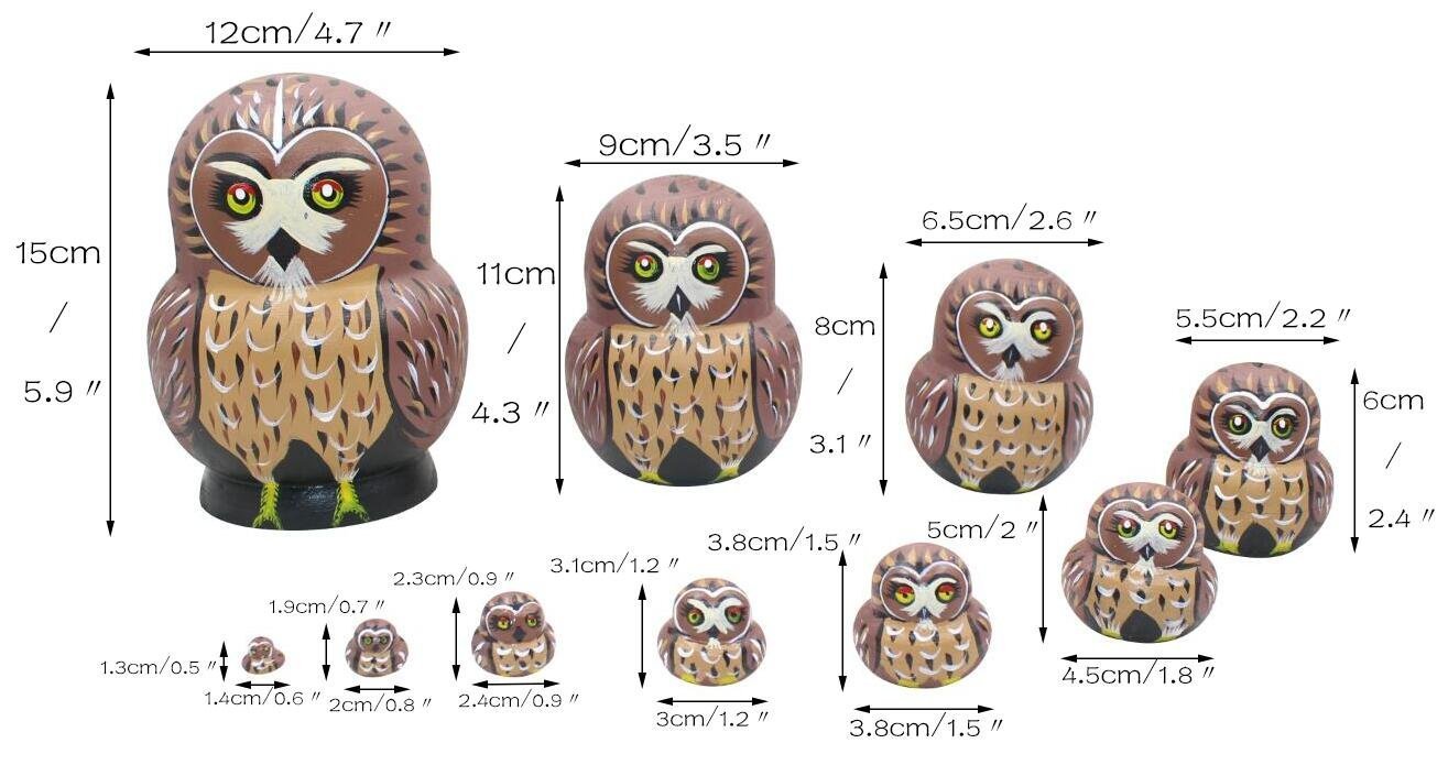 Winterworm 1 Lot de 10 pcs Cute Owl Thème Animal en Bois empilage gigogne Crèche de Noël Faite à la Main poupée Russe Enfant Cadeau Jouet