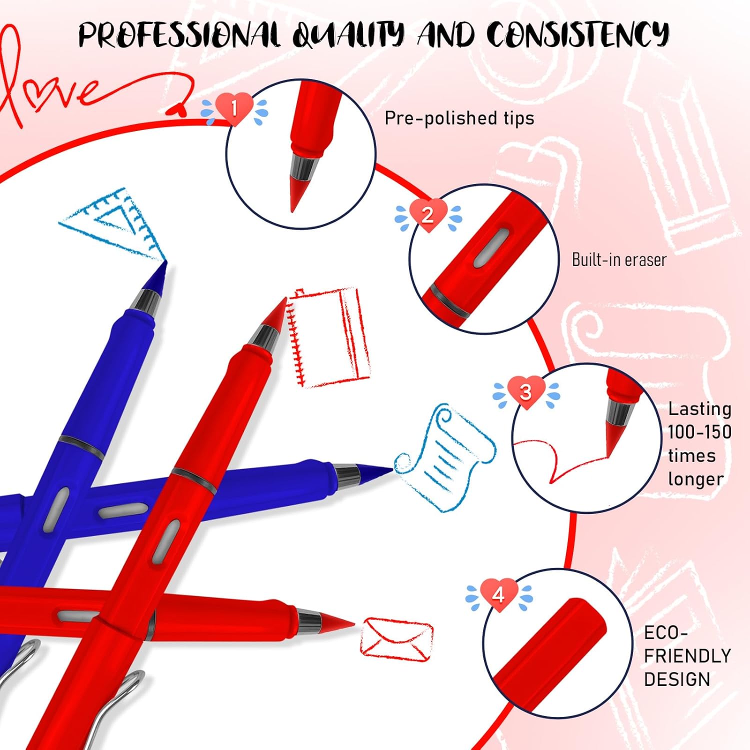 Red Everlasting Checking Pencils - 4 Pack with Erasers for Marking, Grading, Office & Educational Use