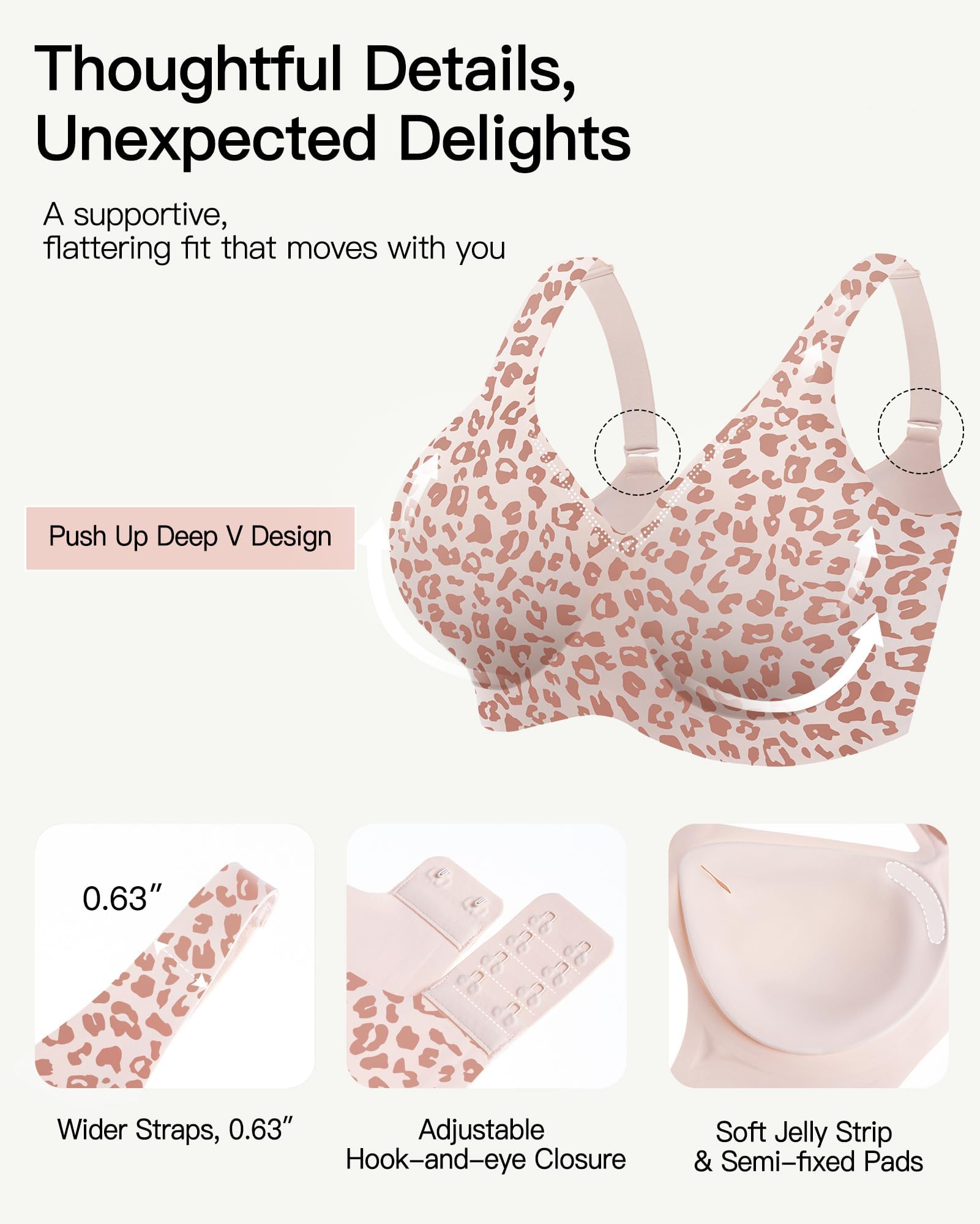 Jelly Bras for Women Deep V Wireless Push Up Leopard Bra Lift Supportive Full Coverage No Underwire Seamless Jelly Bras Plunge Bralette Comfort Adjustable Straps Everyday T-Shirt Shapecurve Bra — view 3