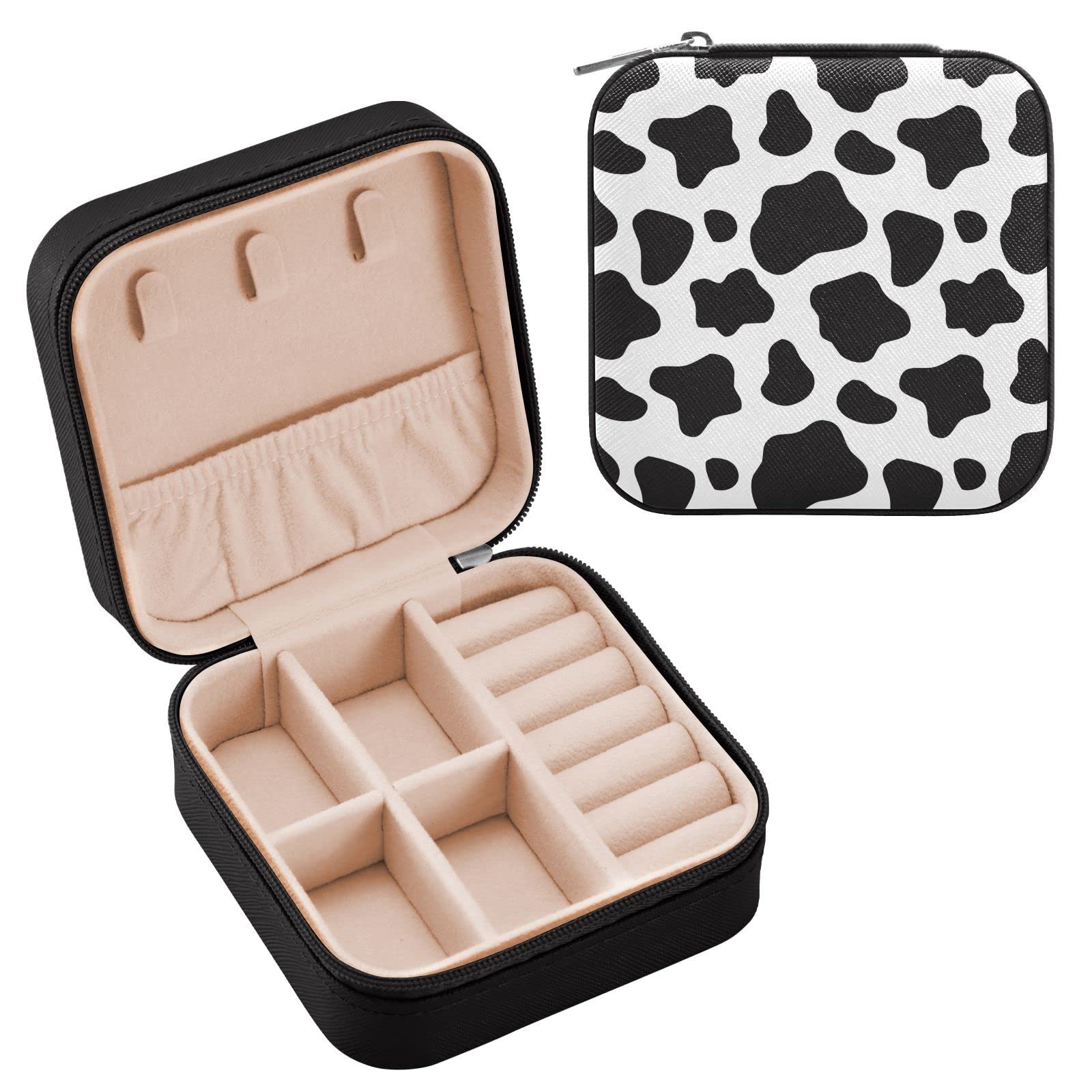 SUABO Black and White Cow Print Jewelry Box Necklace Ring Storage Organizer Mini Jewelry case Earrings Leather Jewelry Travel Organizer for Women