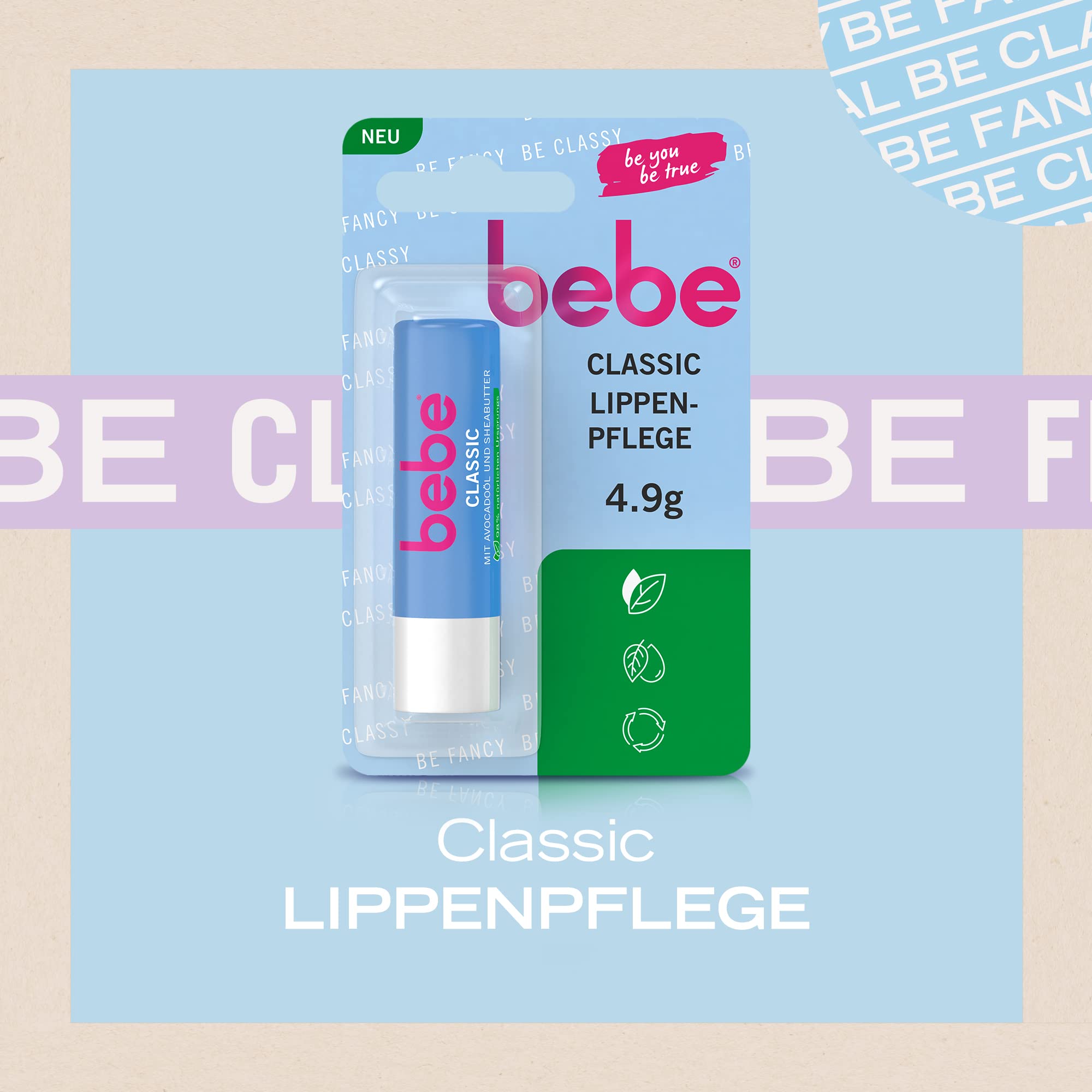 bebe Classic pielęgnacja ust (12 x 4,9 g), pomadka do ust z olejkiem z awokado i masłem shea, delikatnie pielęgnuje usta dzięki 98% składnikom naturalnego pochodzenia i bez olejów mineralnych