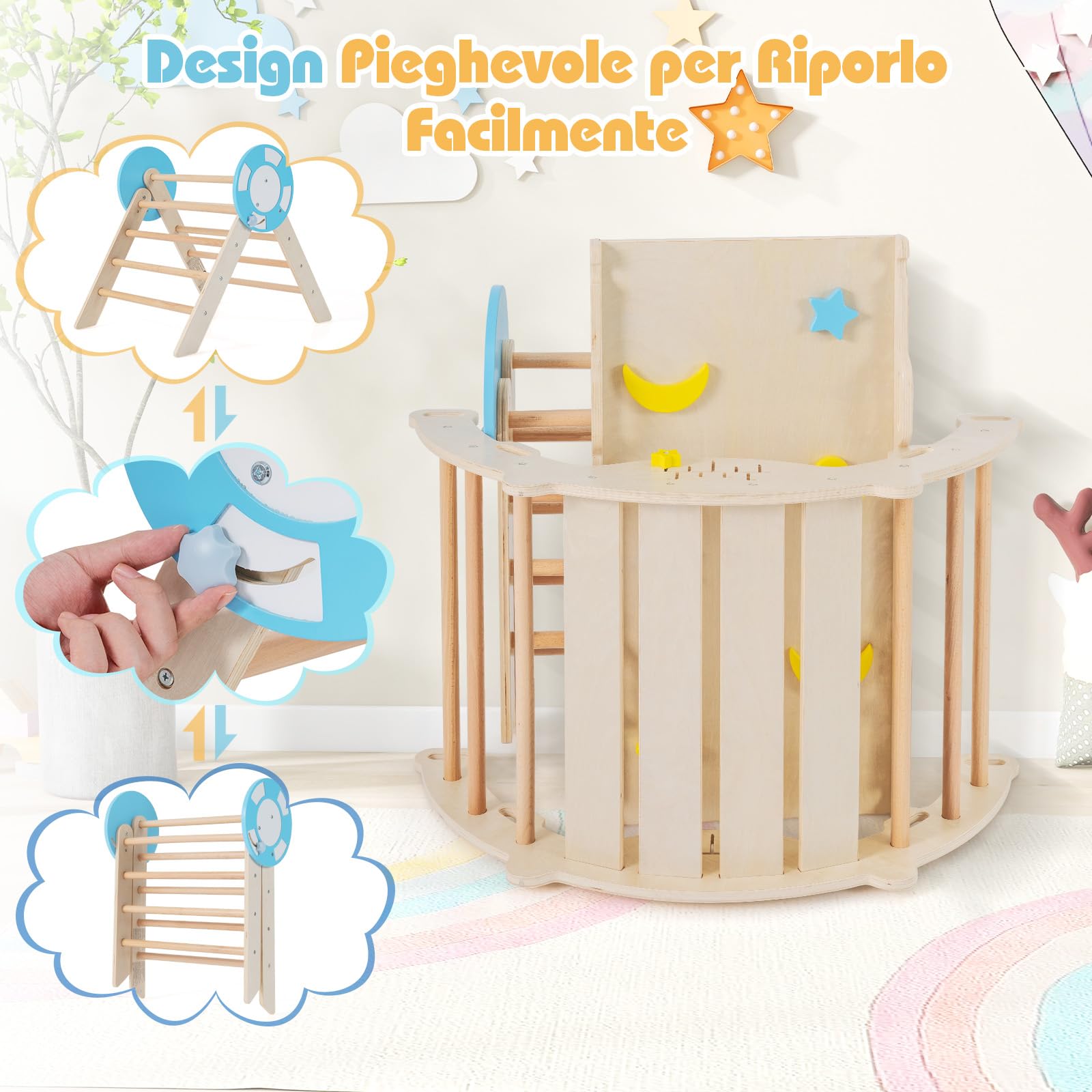 RELAX4LIFE Juego de Triángulo para Niños, Juguetes de Escalada Plegables 8 en 1, Parque Infantil Montessori de Madera con Arco, Rampa y Escalera, Gimnasio de Interior para Niños (Natural)