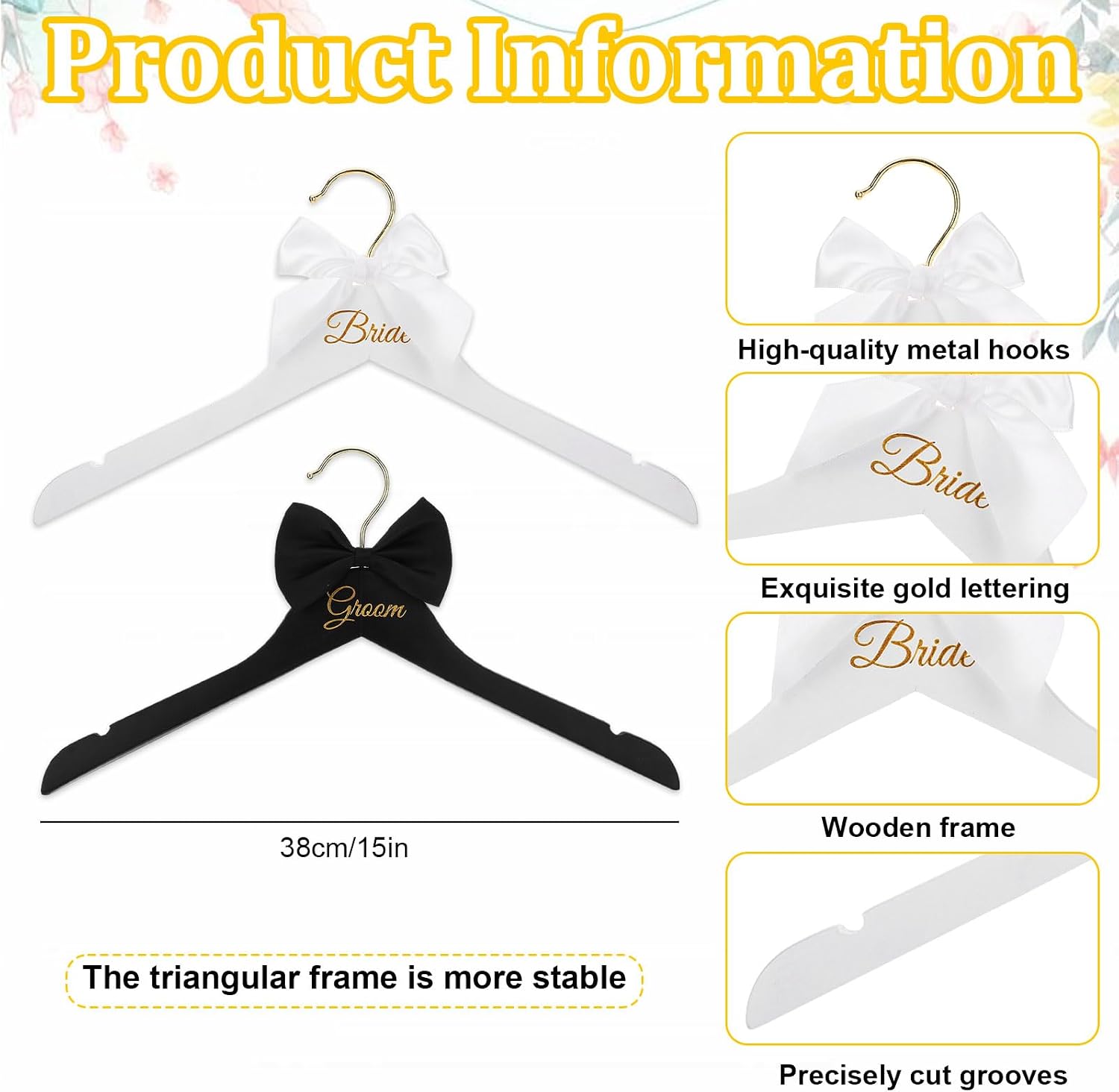 2 Pcs Bride Hanger and Groom Hangers Set, Wooden Wedding Dress Hanger,Wedding Accessories for Bride and Groom Gifts, Wedding Hangers with Letter and Bow Tie for Bridal Party Shower