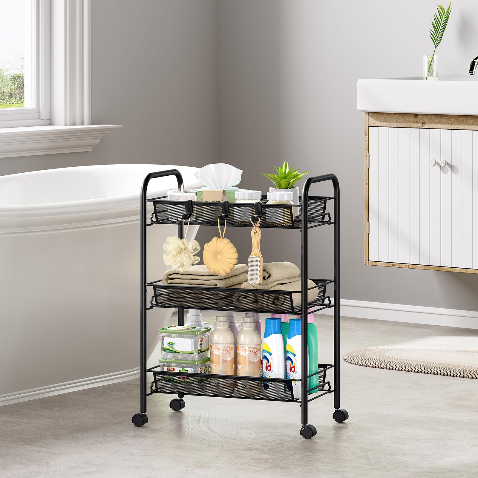 Urackify Carrito Auxiliar con Ruedas 3 Niveles, Carro Cocina Móvil para Baño, Cocina Carro de Almacenamiento con Ruedas de Metal Resistente al Óxido, Negro