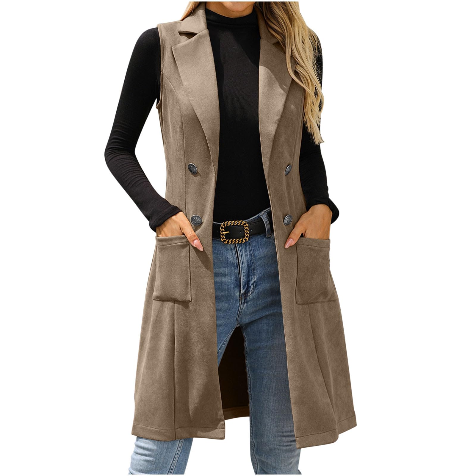 Long Suede Vest Women Sleeveless Notch Lapel Business Casual Open Front Jacket with Pockets Fashion Dressy Blazer