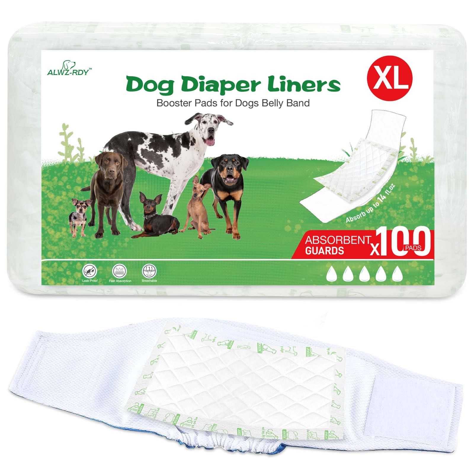 Hundewindeleinlagen, 100 Stück, super auslaufsicher und saugfähig, Einweg-Hundewindeln für Damen und Herren, passend für die meisten wiederverwendbaren Bauchbänder, Wickel und Periodenwindeln (XL, 100